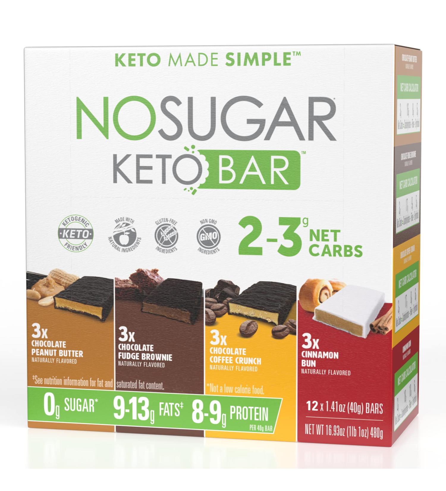 Keto Bars Variety Pack - Low Carb No Sugar Snack Food with Chocolate Peanut Butter, Fudge Brownie, Coffee Crunch, Cinnamon Bun Flavors - 12 Count (Pack of 1) - Buy Online on GoSupps.com