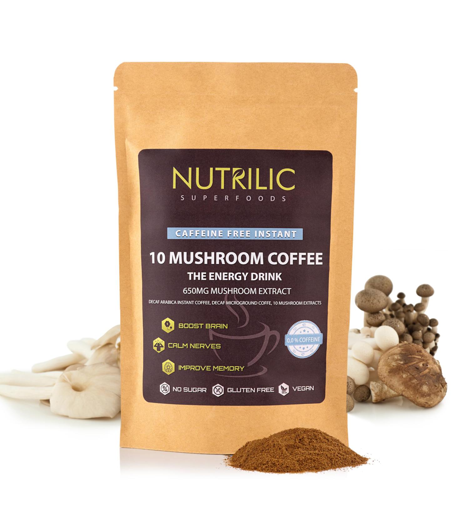 NUTRILIC 10 Muschroom Coffee Decaf Arabica Blend with Lions Mane Chaga Reishi Maitake Shitake Black Fungus Tremella Ginseng Extract Cordyceps and Golden Mushroom - Buy Online on GoSupps.com