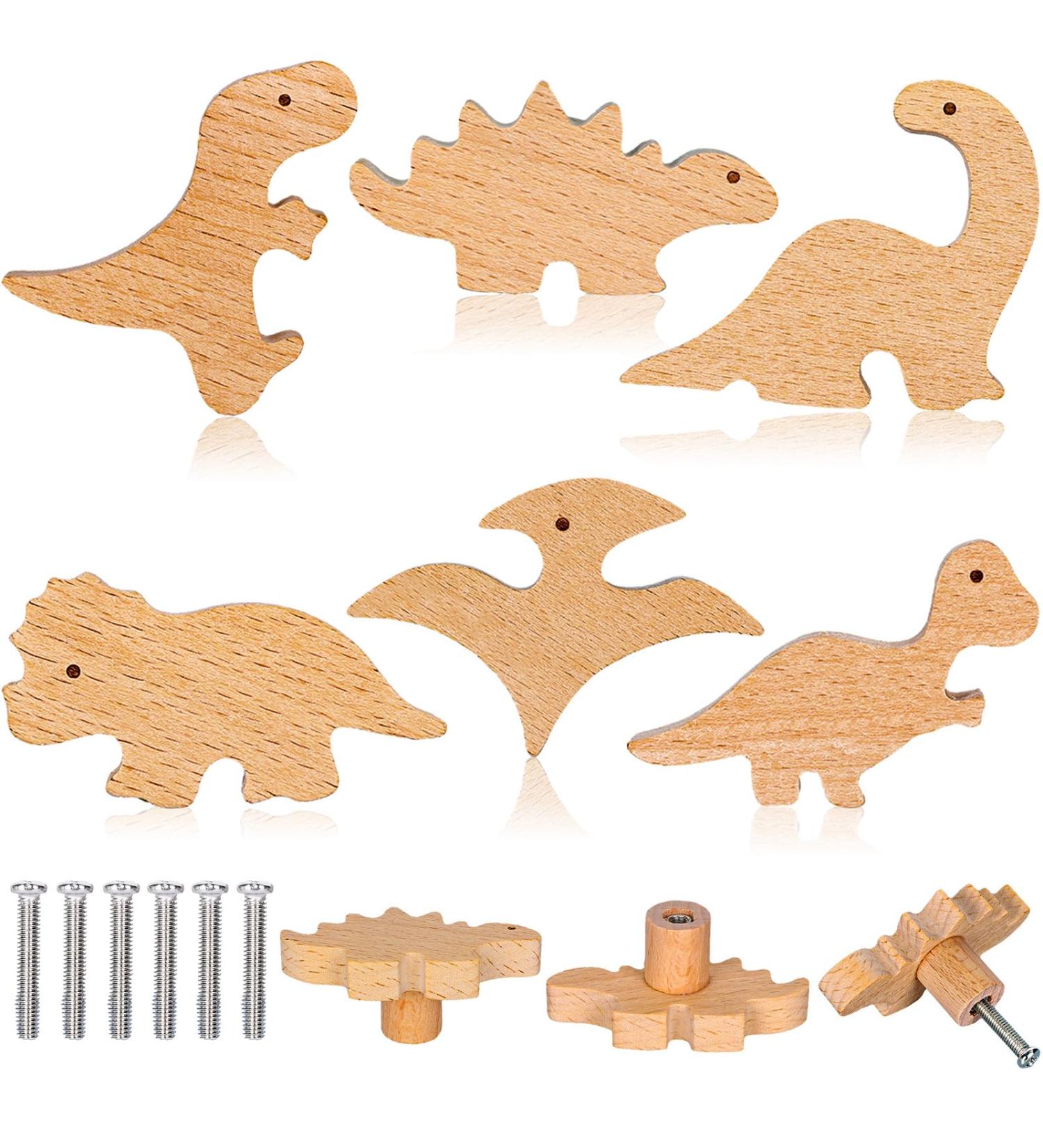 Whales 6-Pack Dino Wooden Buttons with Screws Decorative Drawer Handles for Kids' Rooms Natural Wood Animal Furniture Accents - Buy Online on GoSupps.com
