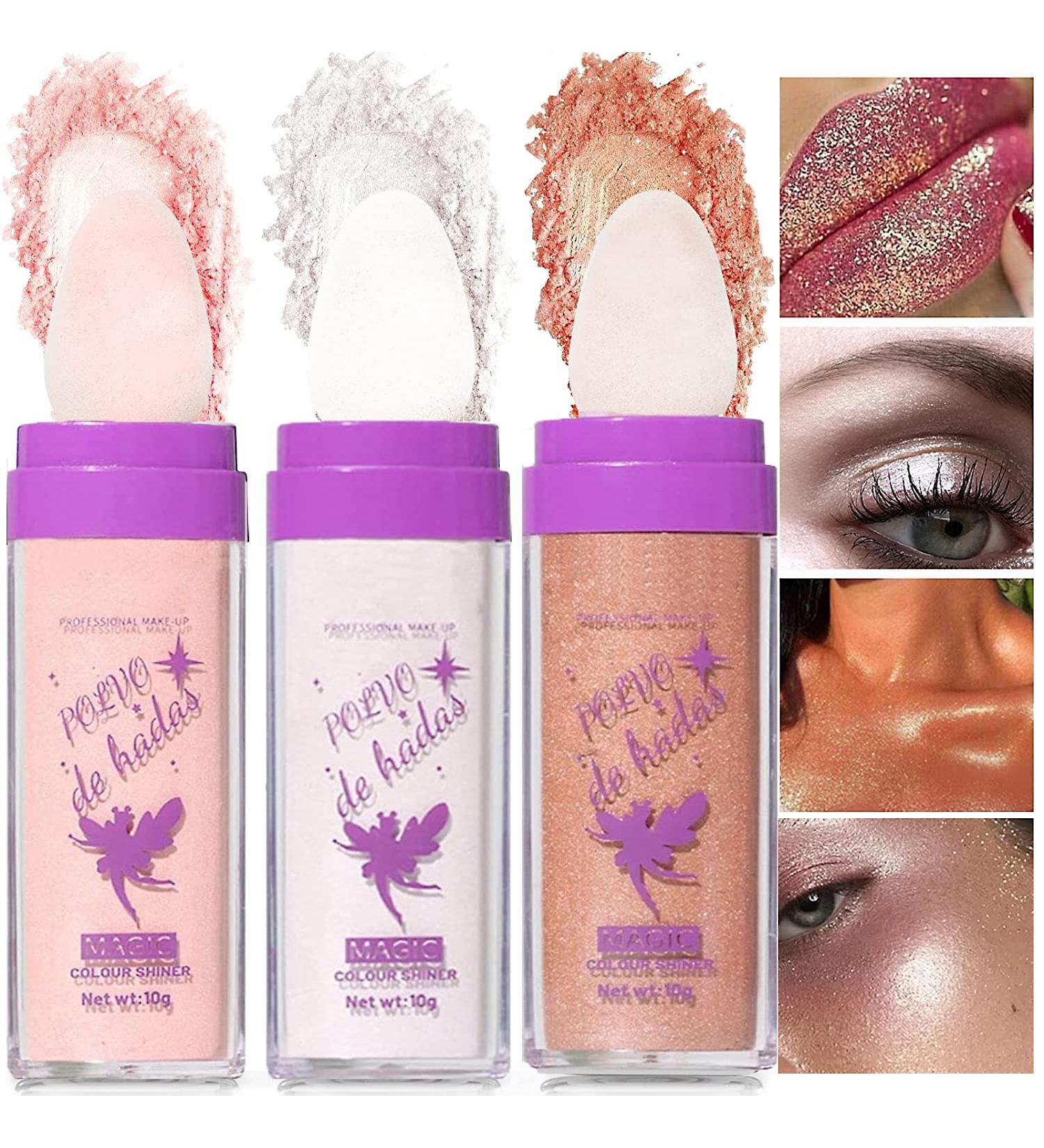 3 Colors Polvo De Hadas Highlighter Powder Stick Set - Shimmer Glitter Trio for Face, Body & Lips | Glow Luminizer Sparkle Fairy Highlighters Kit - Buy Online on GoSupps.com