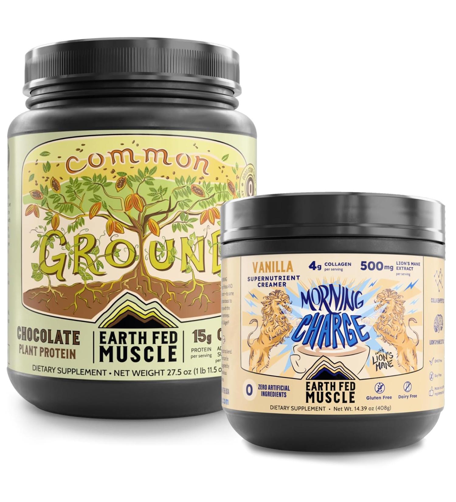 Earth Fed Muscle Vegan Power & Focus Bundle Chocolate Plant-Based Protein Powder + Coffee Creamer with Collagen & Lion s Mane Clean Energy Mental Clarity Hair & Joint Support Dairy-Free Glute