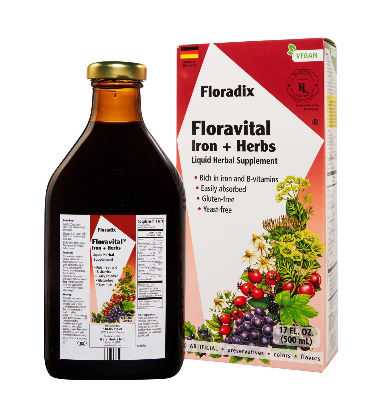 Floradix Floravital Iron & Herbs Vegan Supplement - Energy Support, 17 Fl Oz - Buy Online on GoSupps.com