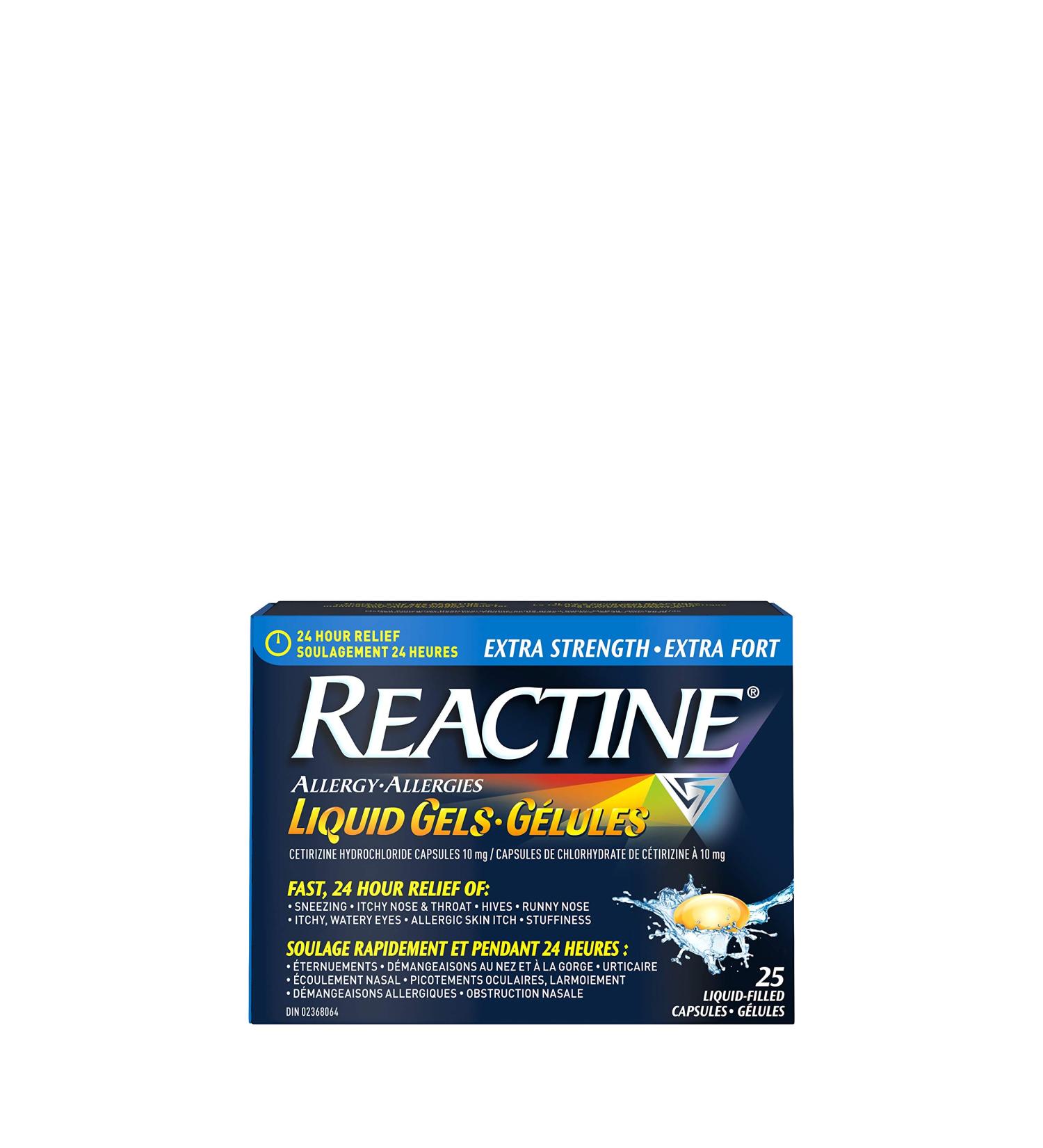 Reactine Extra Strength Antihistamine Liquid Gel Pills - 10mg Cetirizine Hydrochloride - Allergy Relief Medicine - 25 count - Buy Online on GoSupps.com