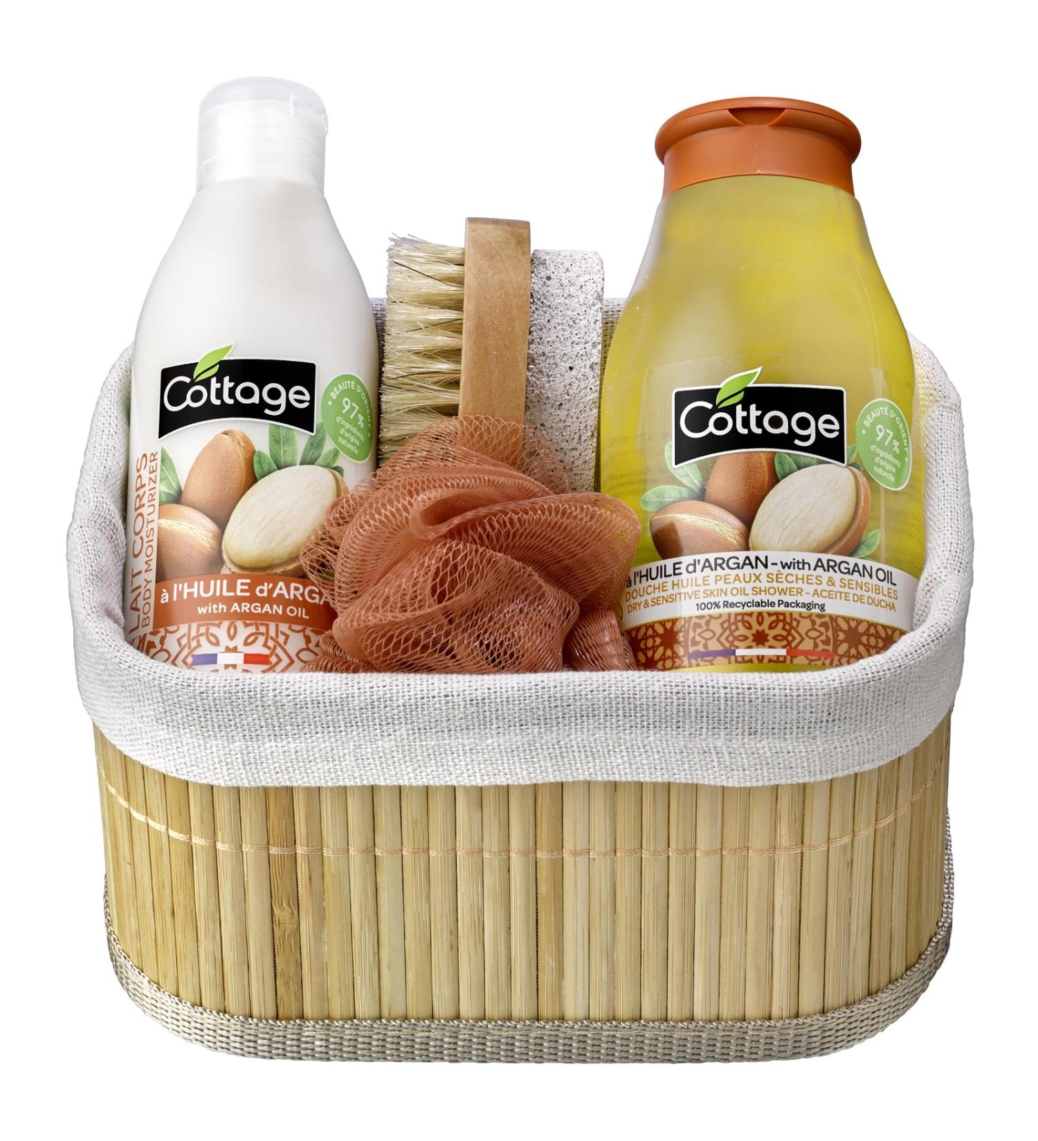 Cottage Argan Oil Gift Set - 1 Oil Shower Gel + 1 Moisturizing Body Lotion + 1 Shower Puff + 1 Pumice Brush - Made in France - Buy Online on GoSupps.com