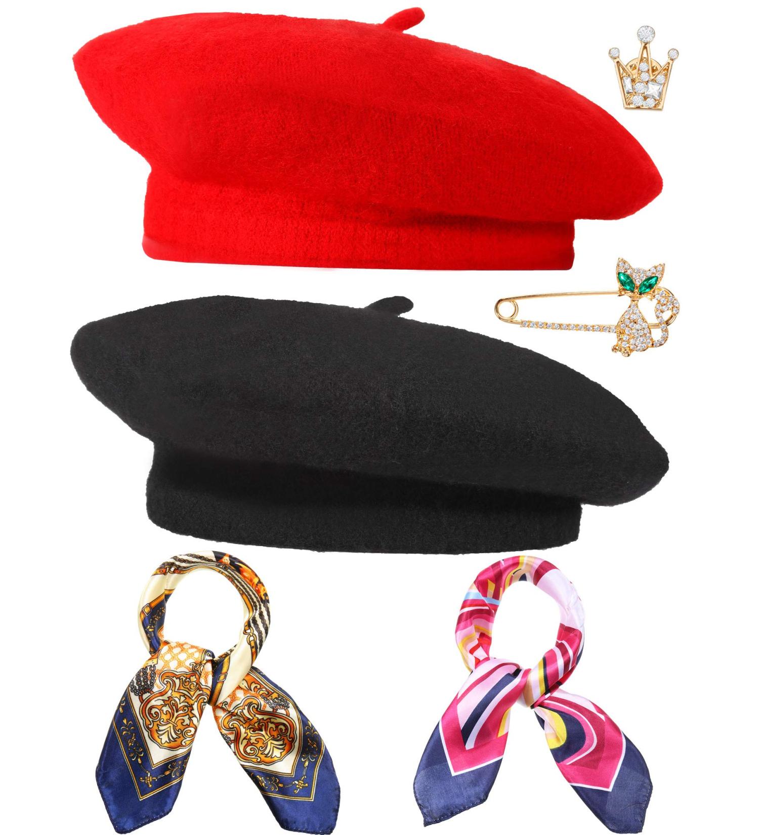 6-Piece Wool Beret Hat Set with Silky Scarf Brooch - Black and Red - Buy Online on GoSupps.com