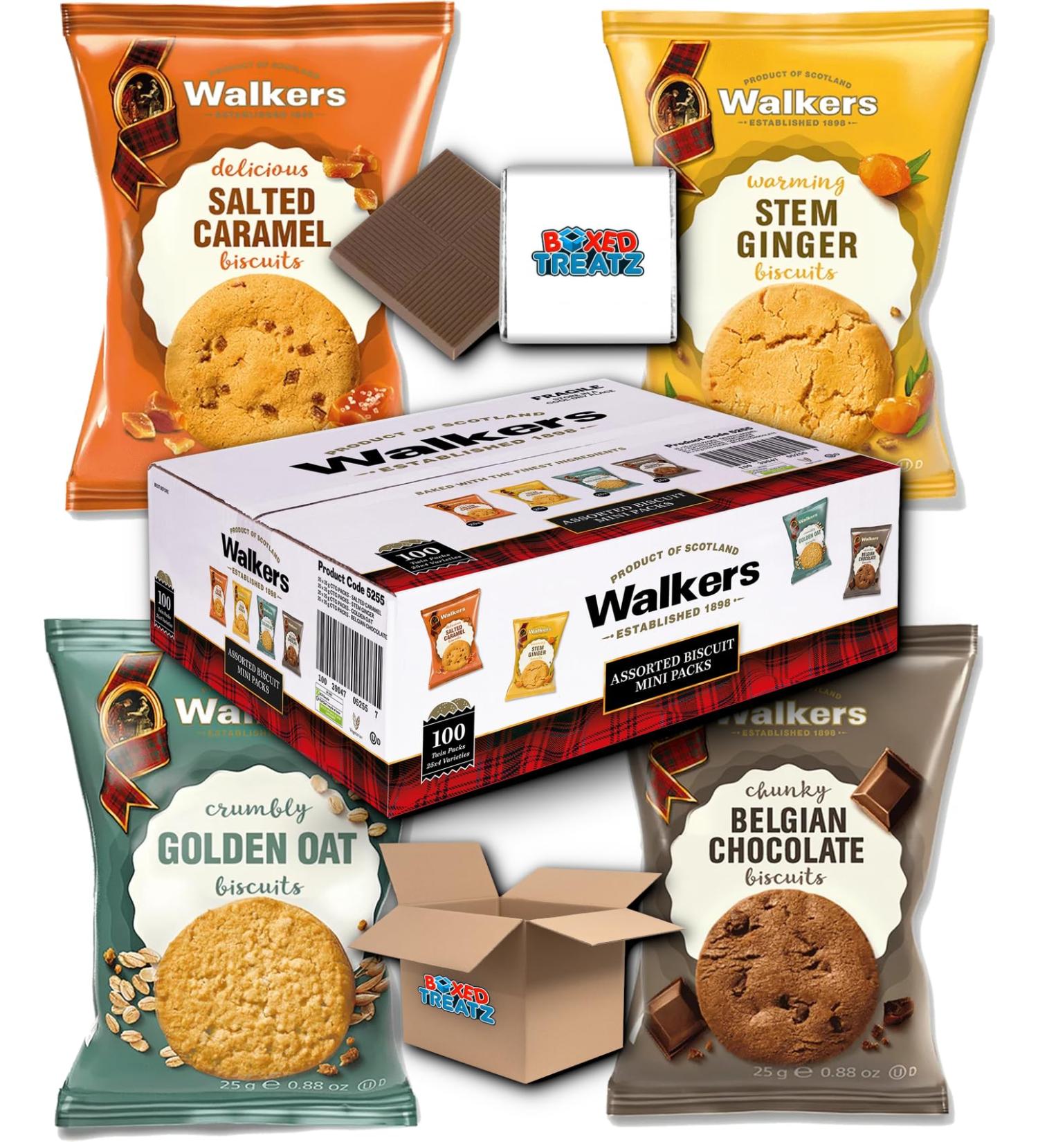 Walkers Assorted Biscuits Mini Packs | Stem Ginger Salted Caramel & Golden Oat | 100 x 25g Boxed Treatz - Buy Online on GoSupps.com