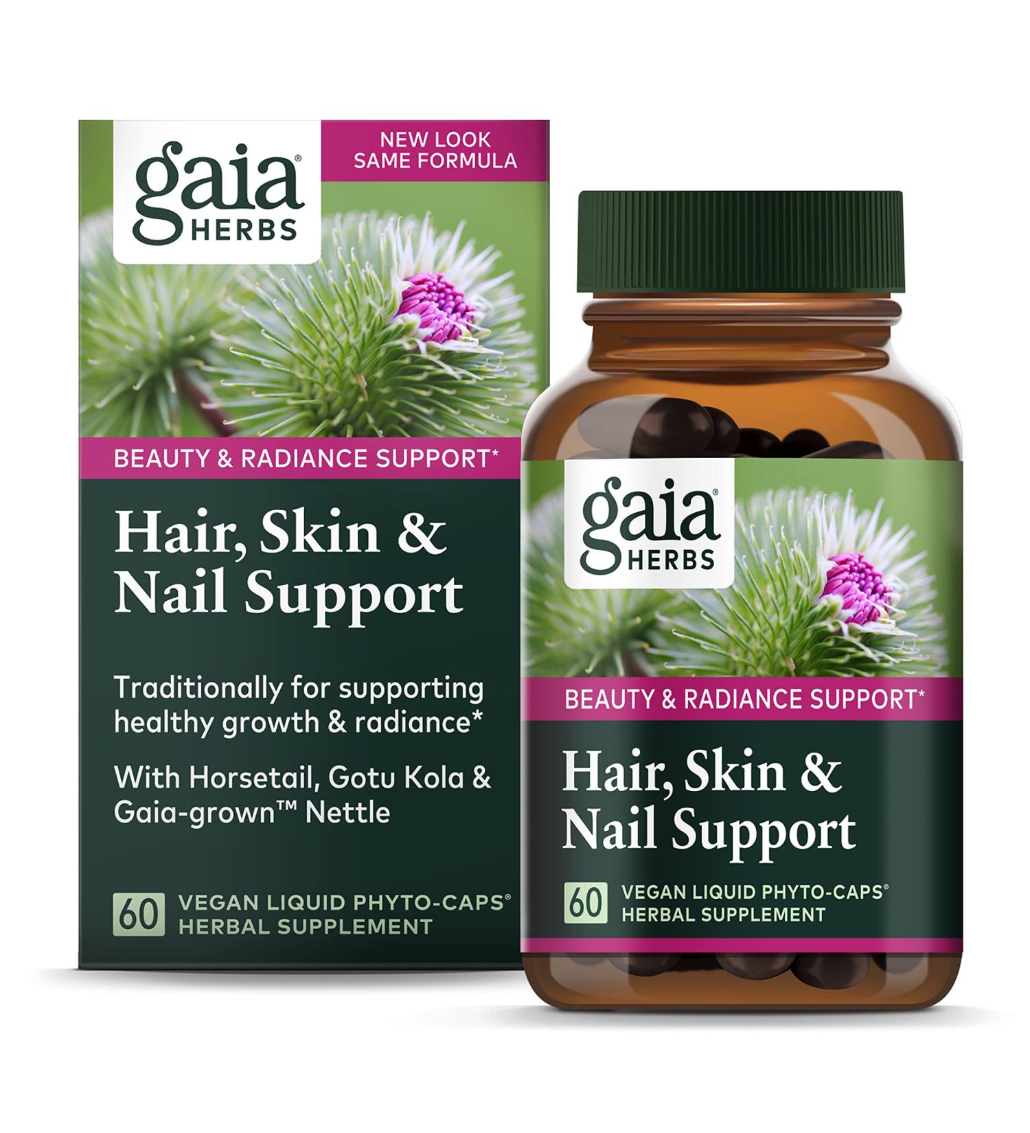 Gaia Herbs Hair Skin & Nail Support - 60 Vegan Liquid Phyto-Caps for Healthy Beauty - Buy Online on GoSupps.com