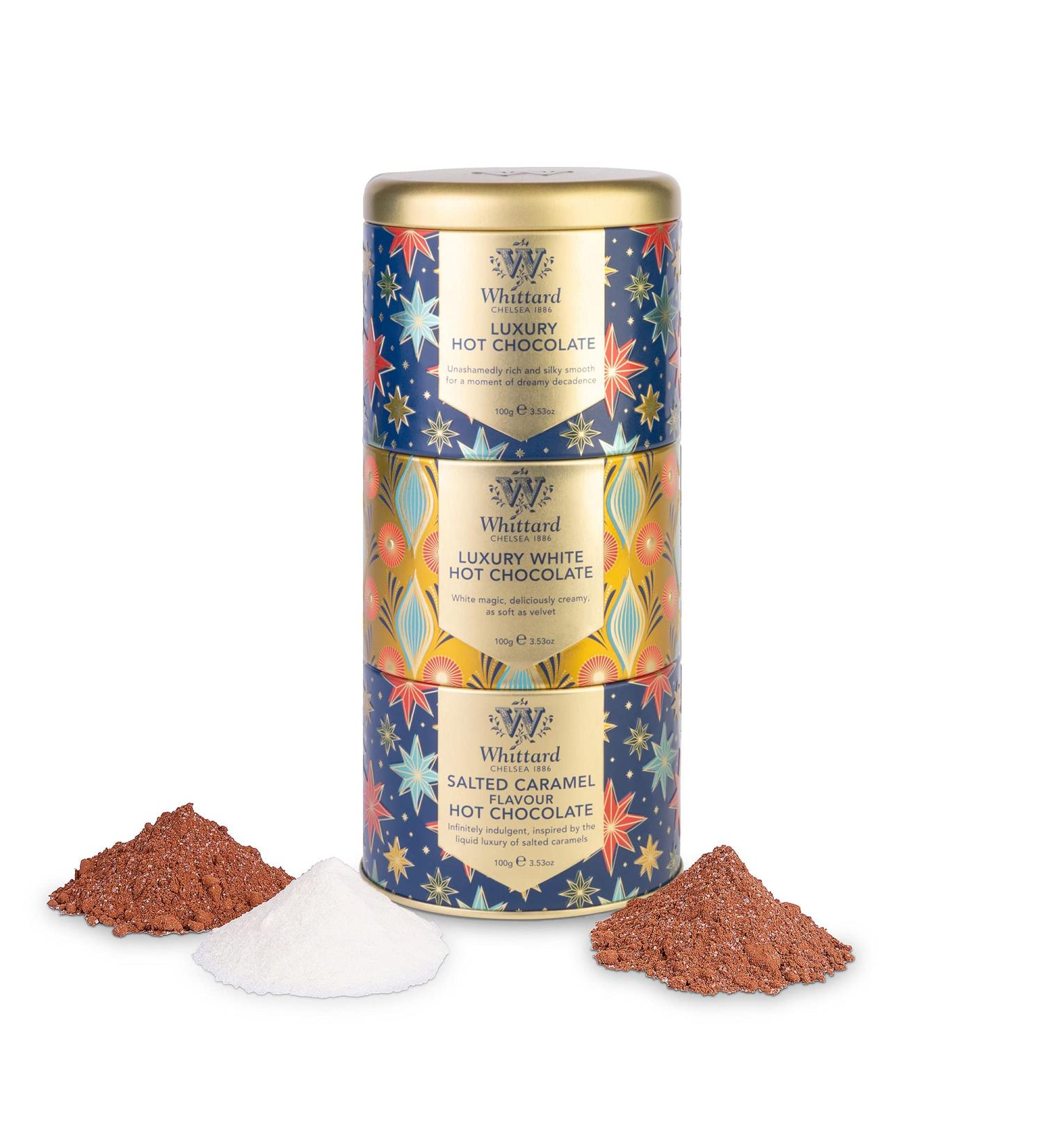 Whittard of Chelsea | Three Gift Hot Chocolate Tower Stacking Tin | Gift Set For Men & Women | Luxury White & Salted Caramel Flavoured Hot Chocolates | 3 x 100g Tins - Buy Online on GoSupps.com
