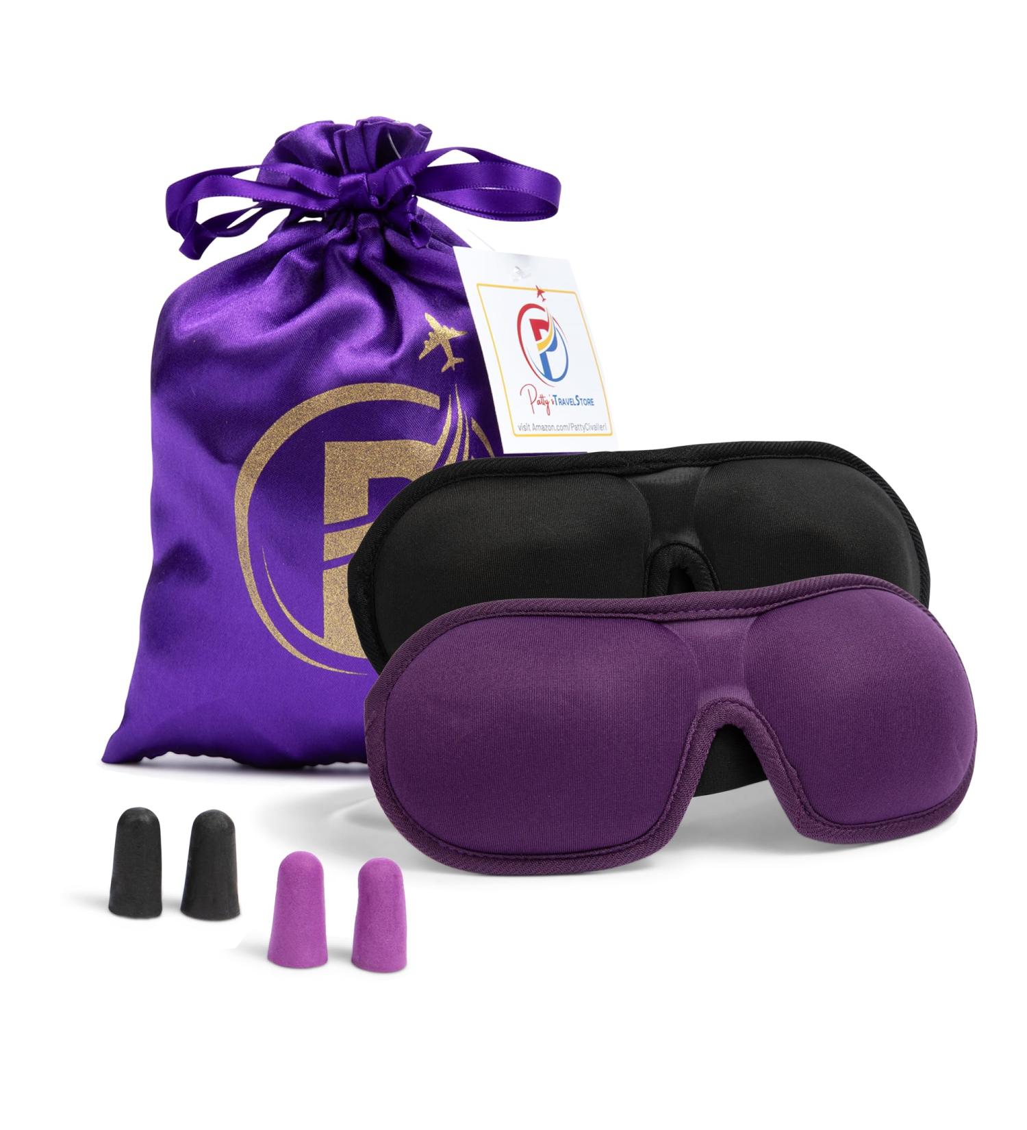 Premium Sleep Mask for Men & Women - Patty s Travel Store | Light-Blocking Eye Mask with Matching Earplugs (2 Sets) - Travel Essentials in Purple & Black - Buy Online on GoSupps.com