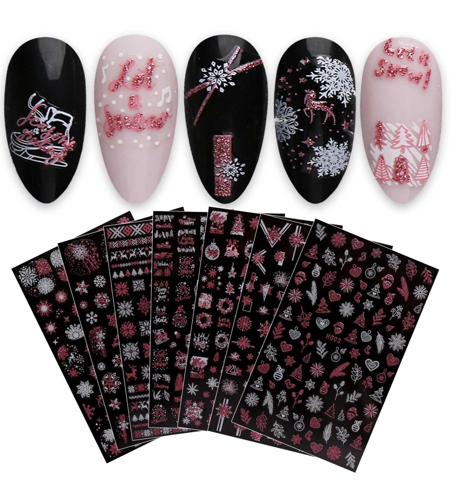 JMEOWIO Christmas Glitter Nail Art Stickers - Snowflake Xmas Winter Holiday Design - 8 Sheets Self-Adhesive Decals in Pink White & Glitter - Buy Online on GoSupps.com
