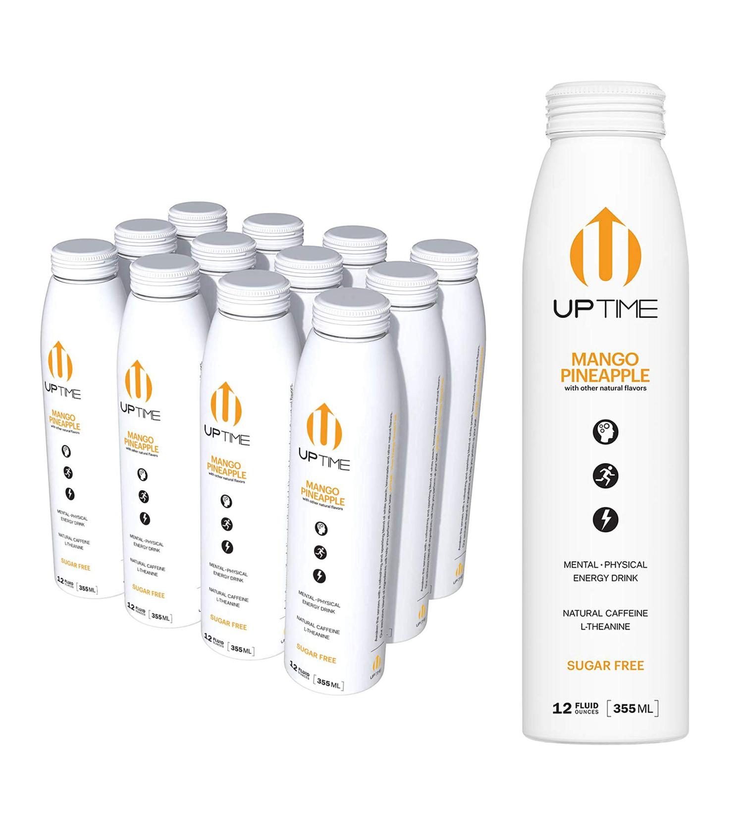 UPTIME Mango Pineapple Zero Sugar Energy Drink - 12 Pack | 12oz Bottles, Natural Caffeine, Sparkling, 5 Calories - Buy Online on GoSupps.com