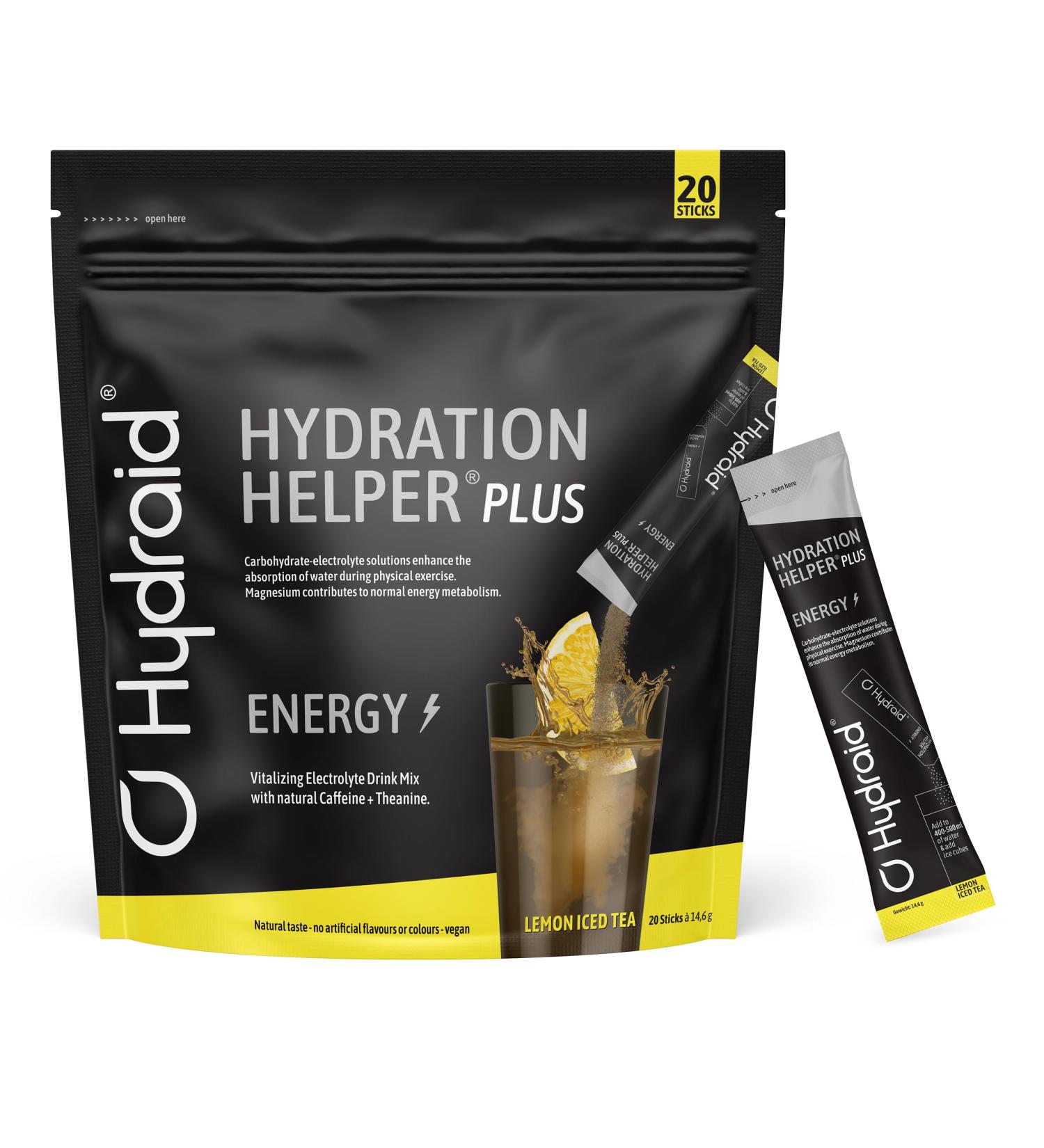 Hydraid Hydration Helper Plus Energy | Electrolyte Powder with Caffeine | 20 Portions | Lemon Iced Tea | Green Tea Extract & Theanine for Focus & Recovery - Buy Online on GoSupps.com