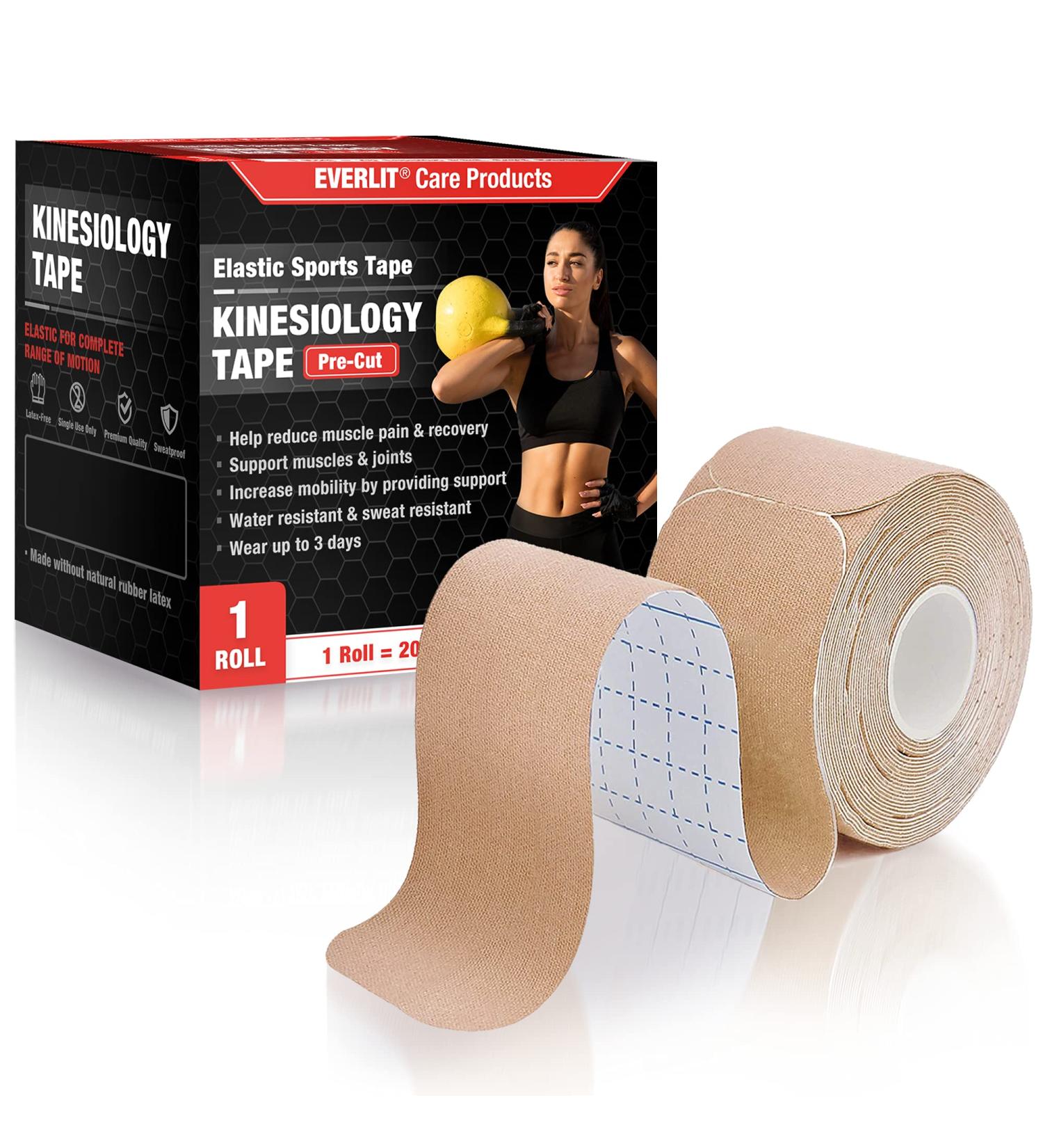 EVERLIT 20 PreCut Beige Kinesiology Tape for Pain Relief & Support - Elastic Cotton Therapeutic Athletic Sports Tape | 10 Strips - Buy Online on GoSupps.com