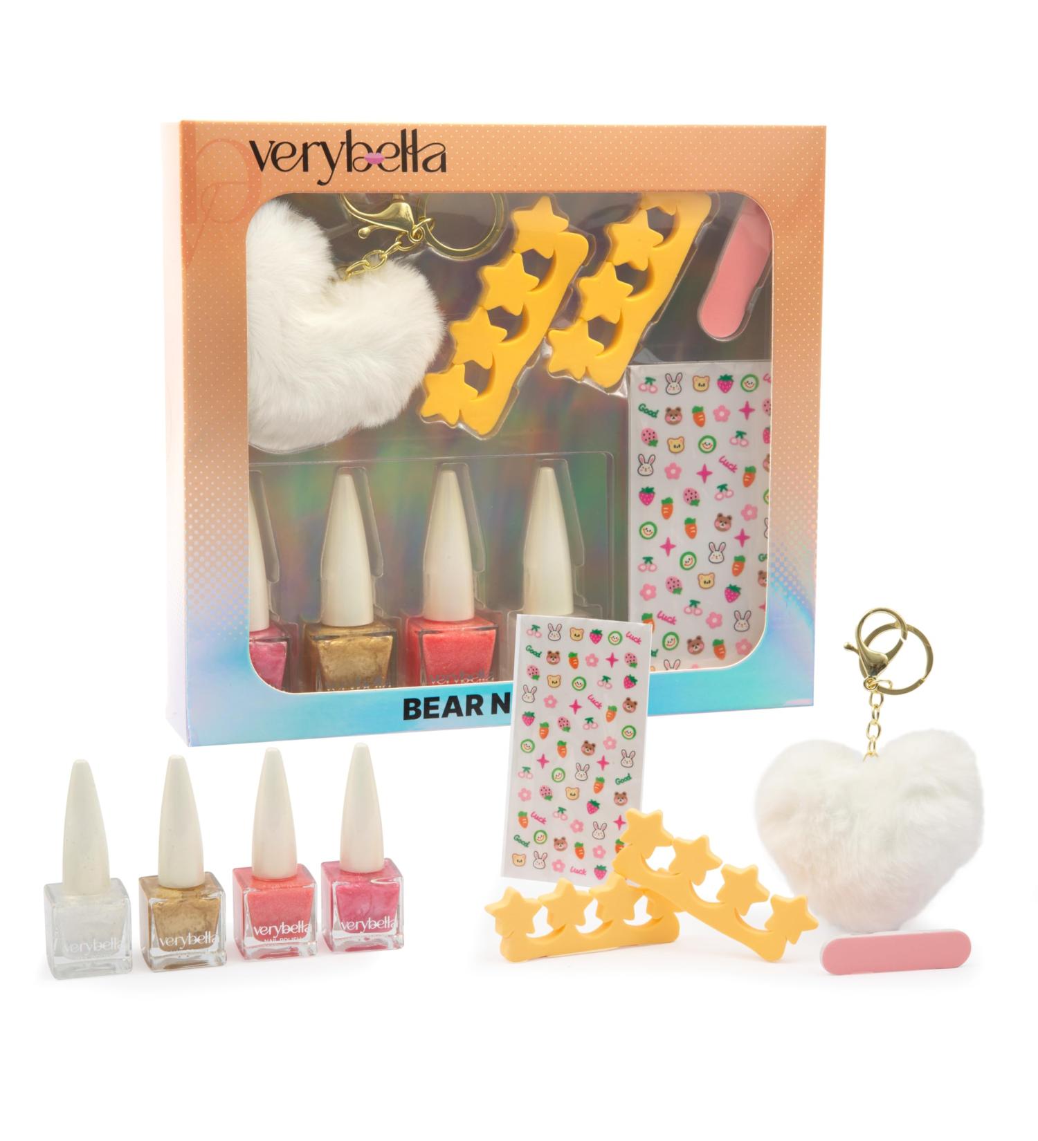  verybella The Bear set for the perfect manicure contains: 4 colored Peel Off nail polishes 1 nail file 2 soft colored nail stickers 1 heart-shaped keychain. - Buy Online on GoSupps.com