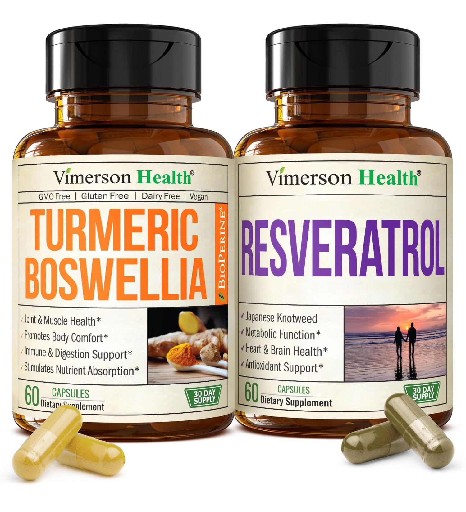 Boswellia Turmeric Curcumin Supplement + Resveratrol Japanese Knotweed Capsules Bundle for Healthy Aging Joint & Cardiovascular Support with Ginger Root Organic Tumeric Powder Green Tea Extract - Buy Online on GoSupps.com