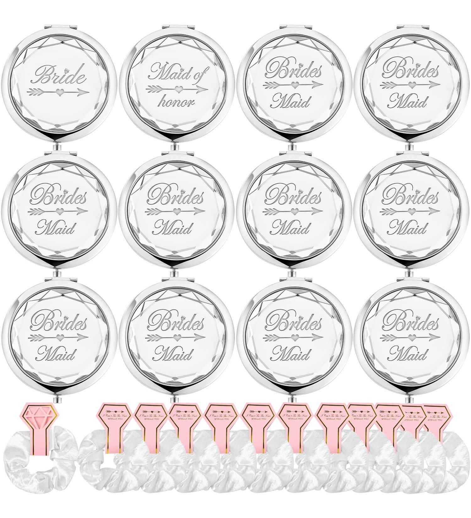 12 Pack Compact Pocket Makeup Mirrors with Bride, Maid of Honor, Bridesmaid Designs + Bachelorette Party Hair Ties - Silver - Buy Online on GoSupps.com