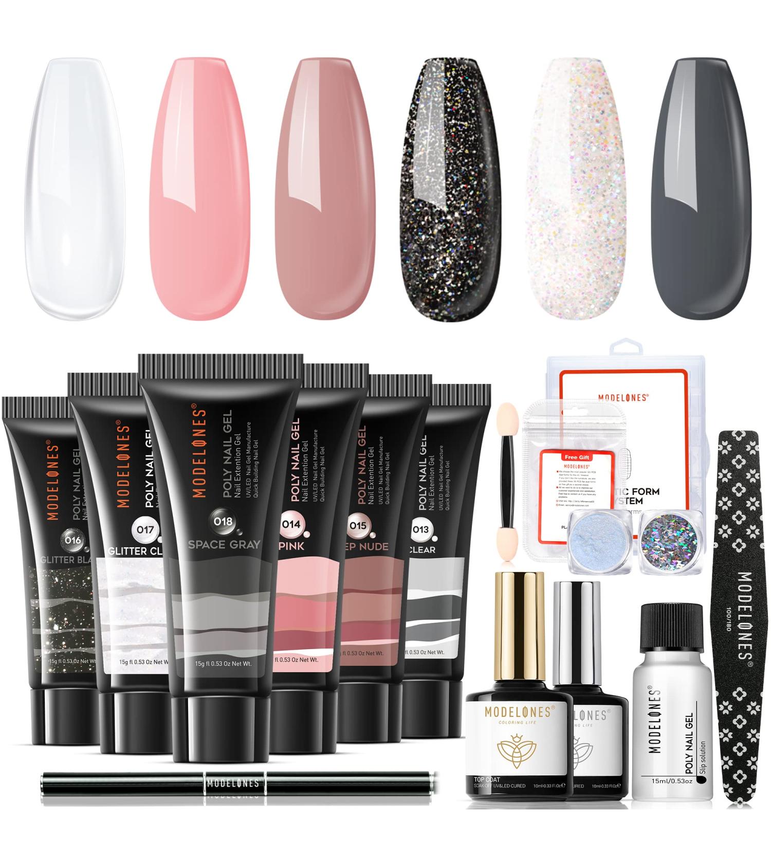 Modelones Poly Nail Gel Kit - Nude Gray Glitter Extension Set with Slip Solution | All-in-One Professional French Nail Builder - Buy Online on GoSupps.com