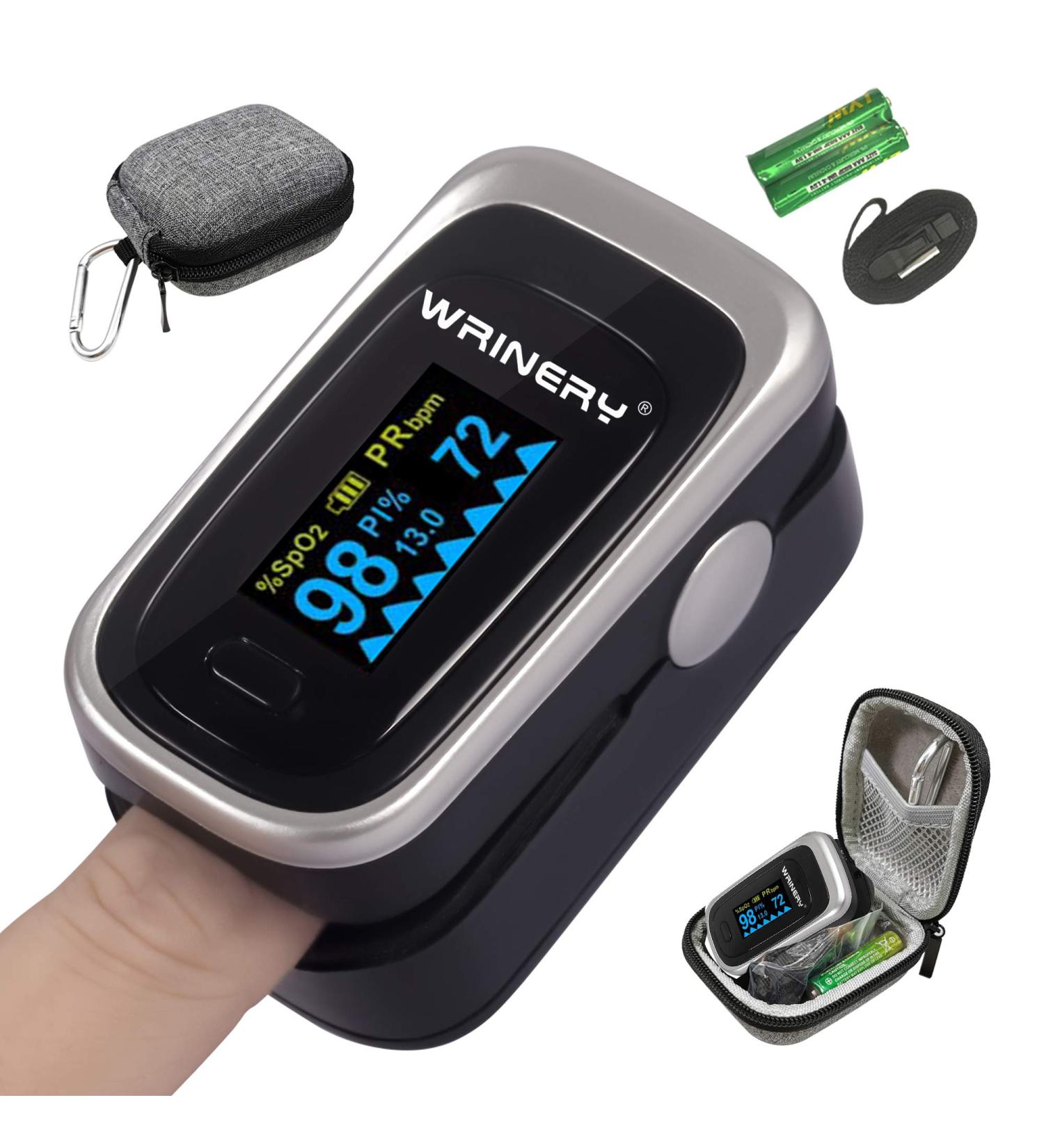 WRINERY Oxygen Saturation Monitor - Portable Pulse Oximeter Fingertip with OLED Display O2 Saturation Monitor Includes Batteries & Lanyard (Royal Black-Silver) - Shop Internationally - Buy Online on GoSupps.com