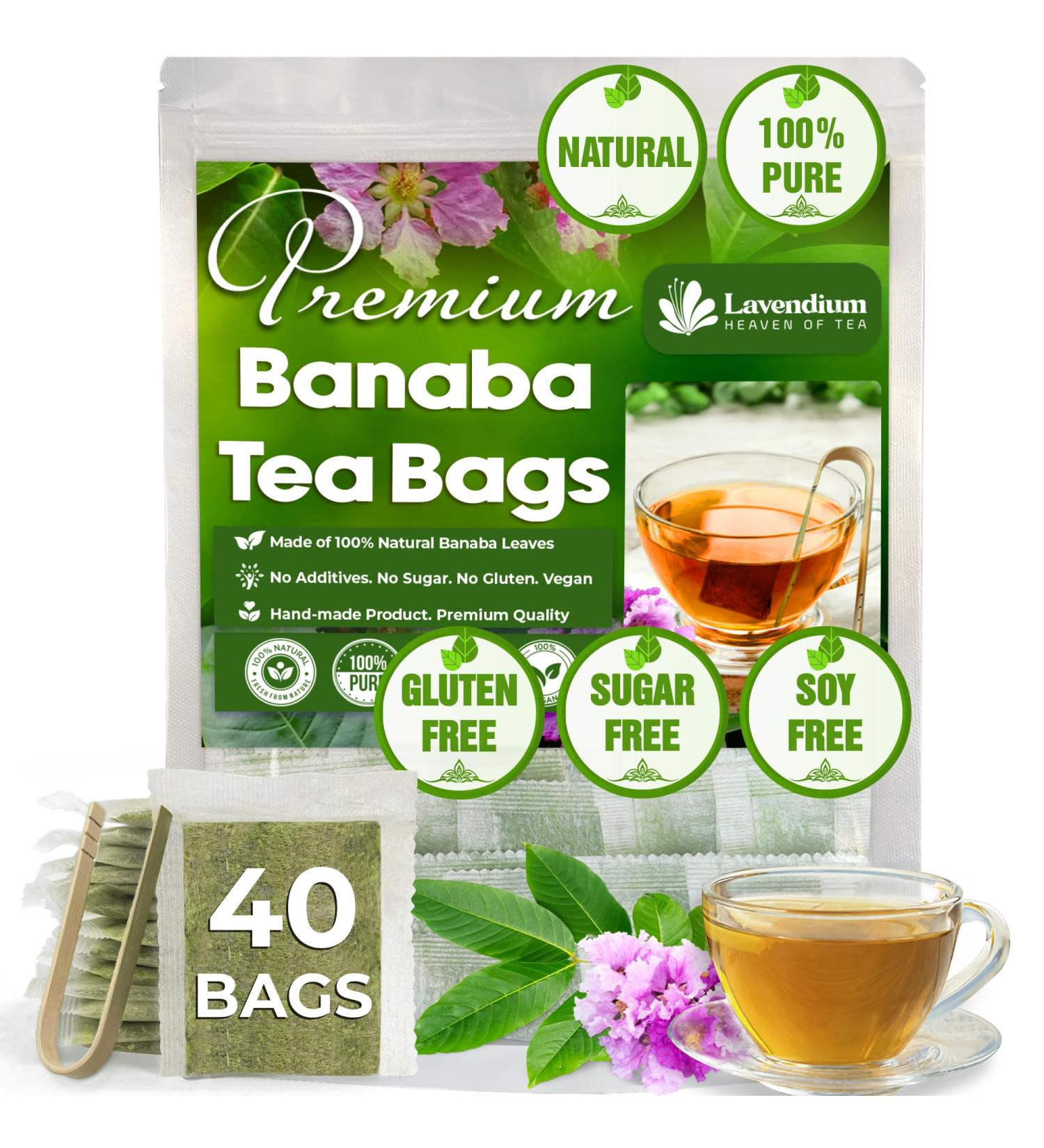 Lavendium Premium 40 Banaba Leaf Tea Bags 100% Natural & Pure from Banaba Leaves. Loose Leaf Banaba Herbal Tea. Made with Natural Tea Bags No Sugar No Caffeine No Gluten Vegan. - Buy Online on GoSupps.com