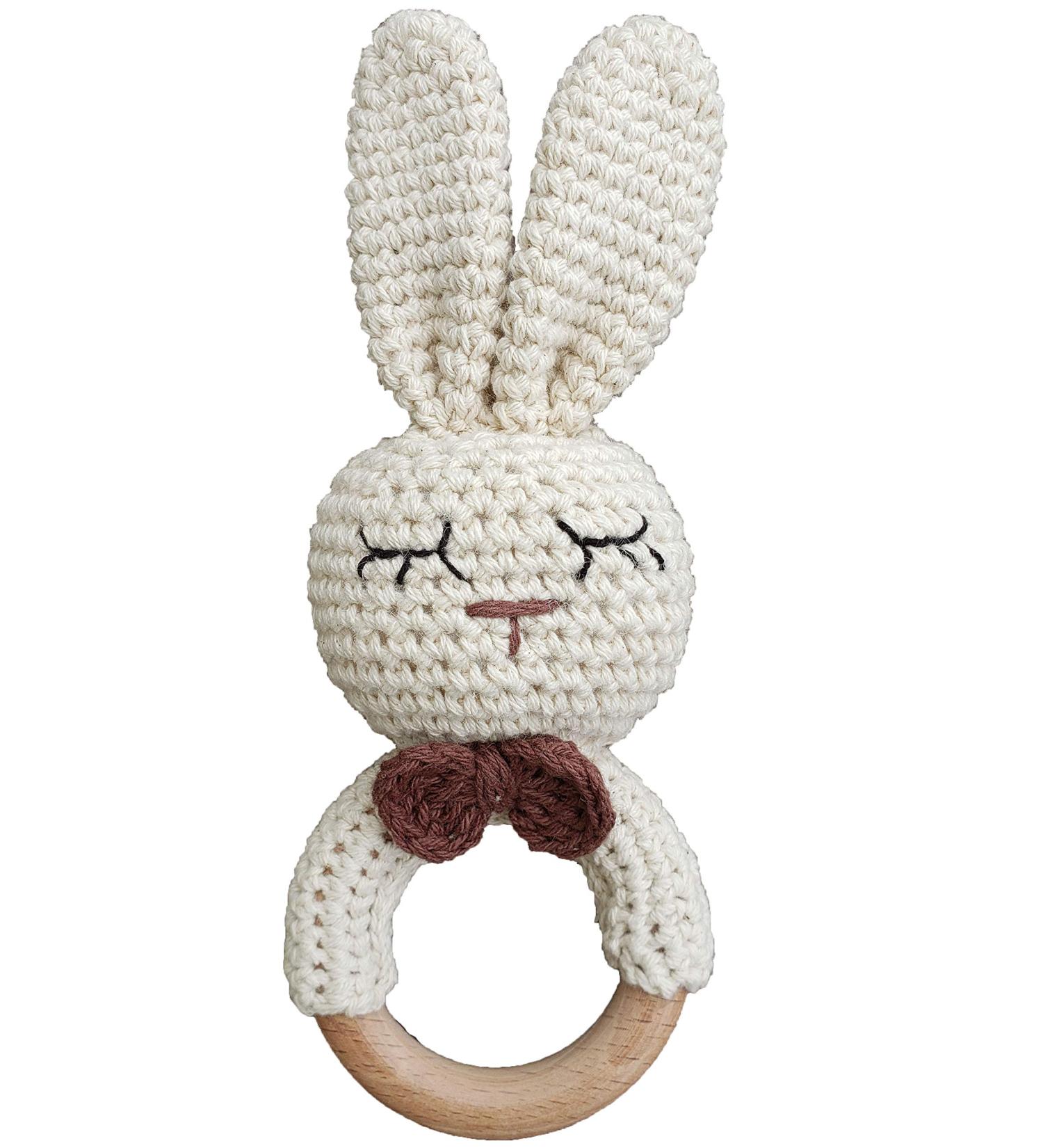 Organic Crochet Teether Rattle - Forest Friends Handmade Amigurumi Bunny Deer Fox on Wooden Ring - Natural Baby Toys - Buy Online on GoSupps.com