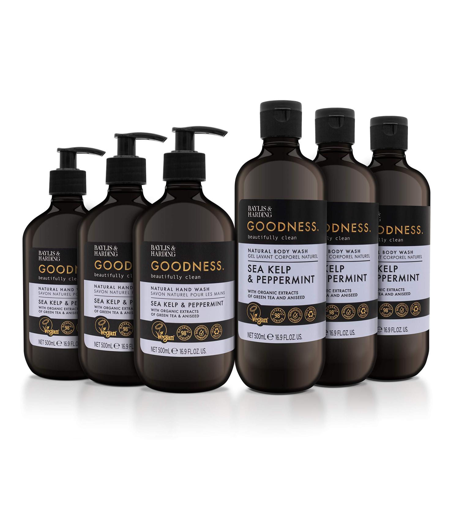 Baylis & Harding Goodness Sea Kelp & Peppermint Toiletries Bundle - 6 x 500ml Vegan Body & Hand Wash - Buy Online on GoSupps.com
