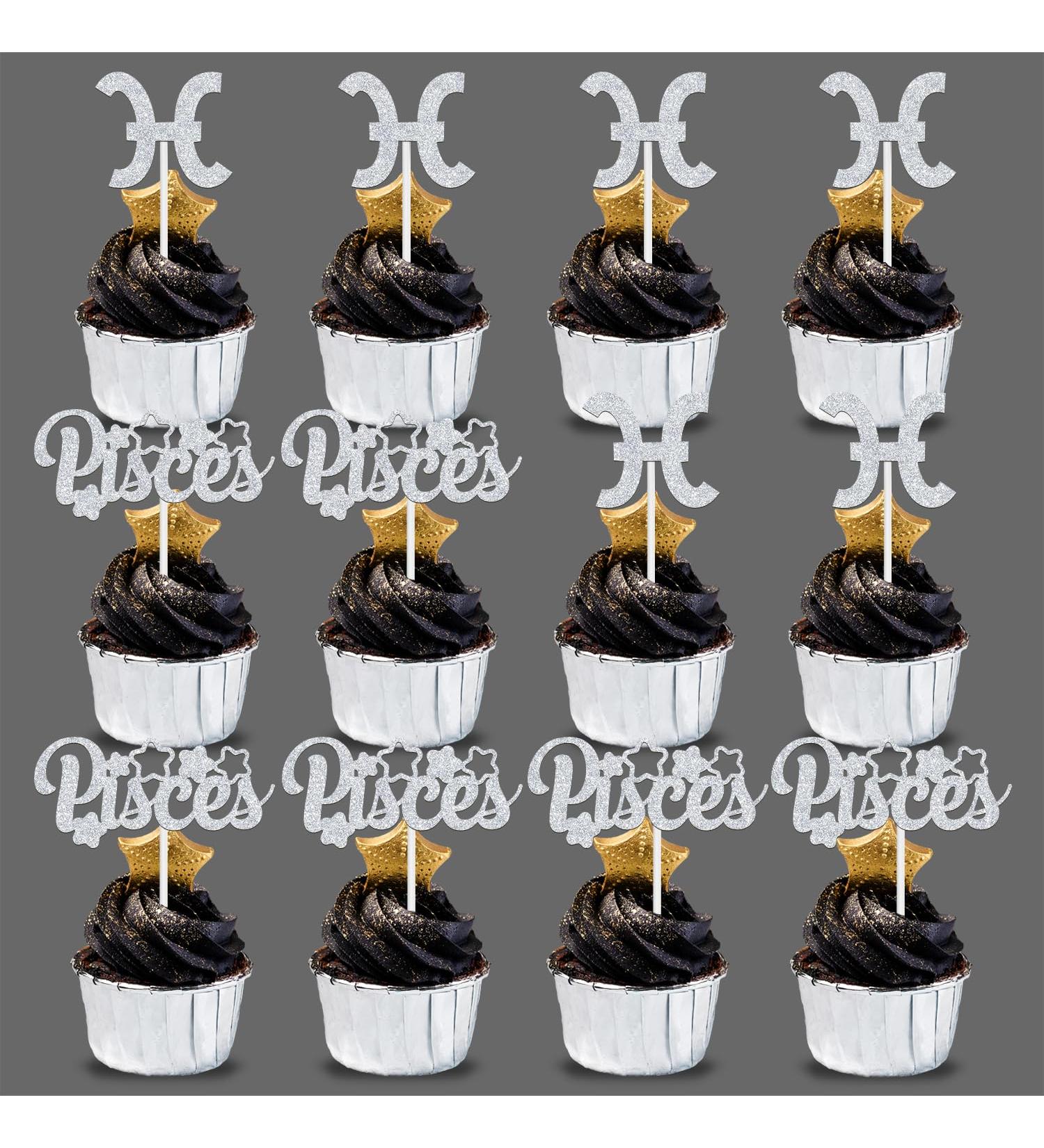 12Pcs Pisces Cupcake Topper Big Pisces Energy/Pisces Season 12 Constellation March/April Birthday Cupcake Decoration Horoscope Astrology Birthday Party Supplies Silver Glitter - Buy Online on GoSupps.com
