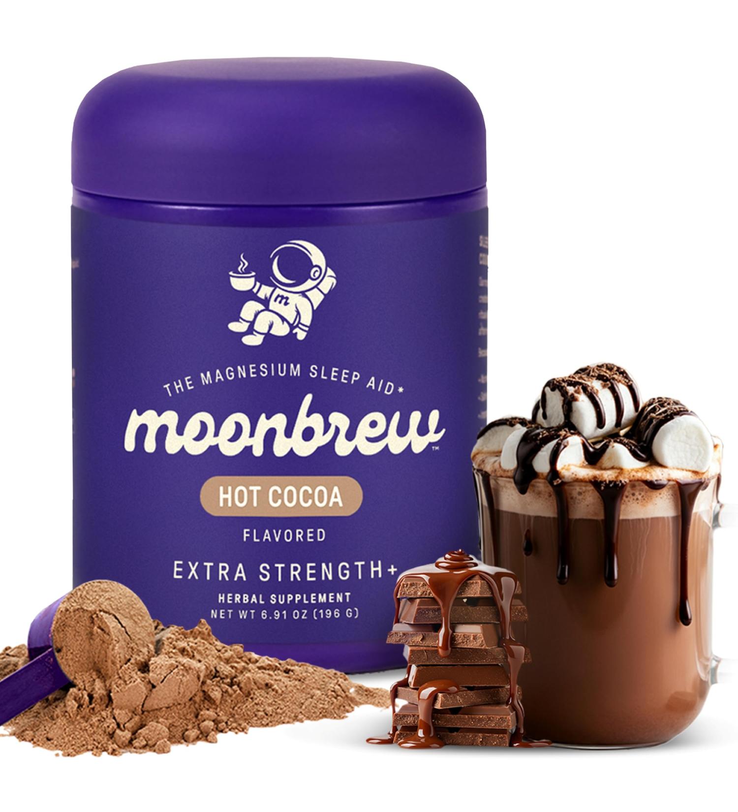 MoonBrew Nighttime Extra Strength Magnesium Hot Cocoa Natural Sleep Aid Drink Mix for Adults - Calming Melatonin-Free Sleep Support - Hot Chocolate Powder with L-Theanine Chamomile & Zinc Glycinate - Buy Online on GoSupps.com