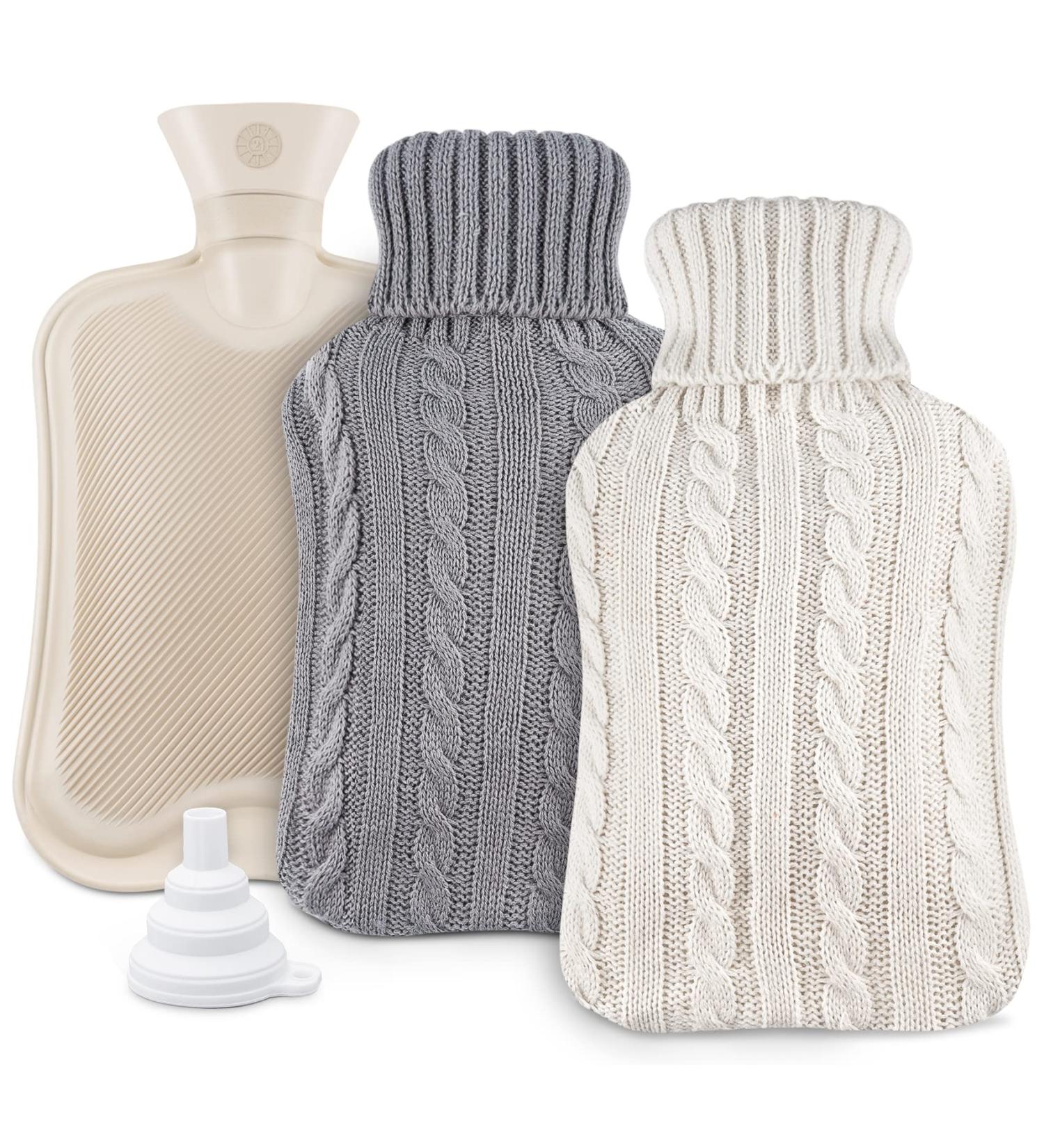 Premium 2L Hot Water Bottle with 2 Knitted Cases - Leak-Proof Washable Warm-Up Bag for Pain Relief (White & Gray) - Buy Online on GoSupps.com