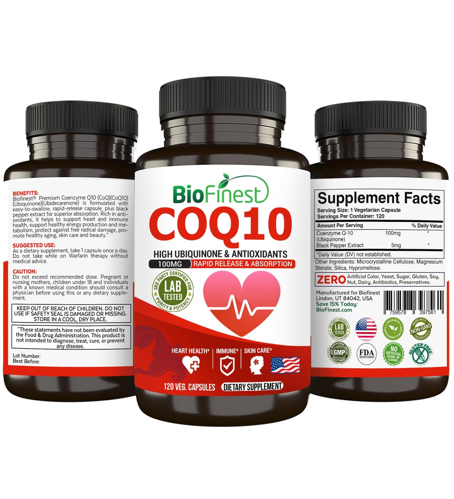 CoQ10 Coenzyme Q10 100mg Supplement - Fast Absorption Antioxidant for Heart Health & Energy - 120 Capsules - Immune Support - Buy Online on GoSupps.com