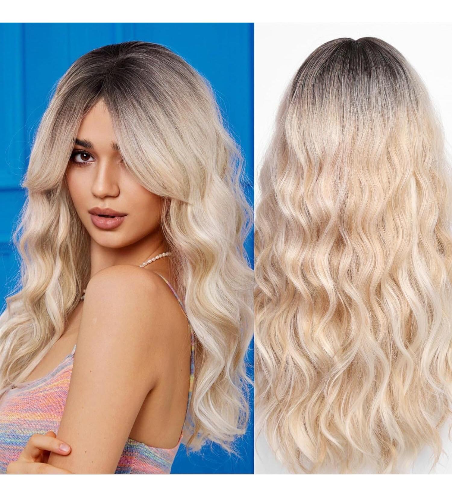 WOKESTAR Long Champagne Blonde Synthetic Hair Wig with Curtain Fringe - Women's Highlighted Wig - Buy Online on GoSupps.com