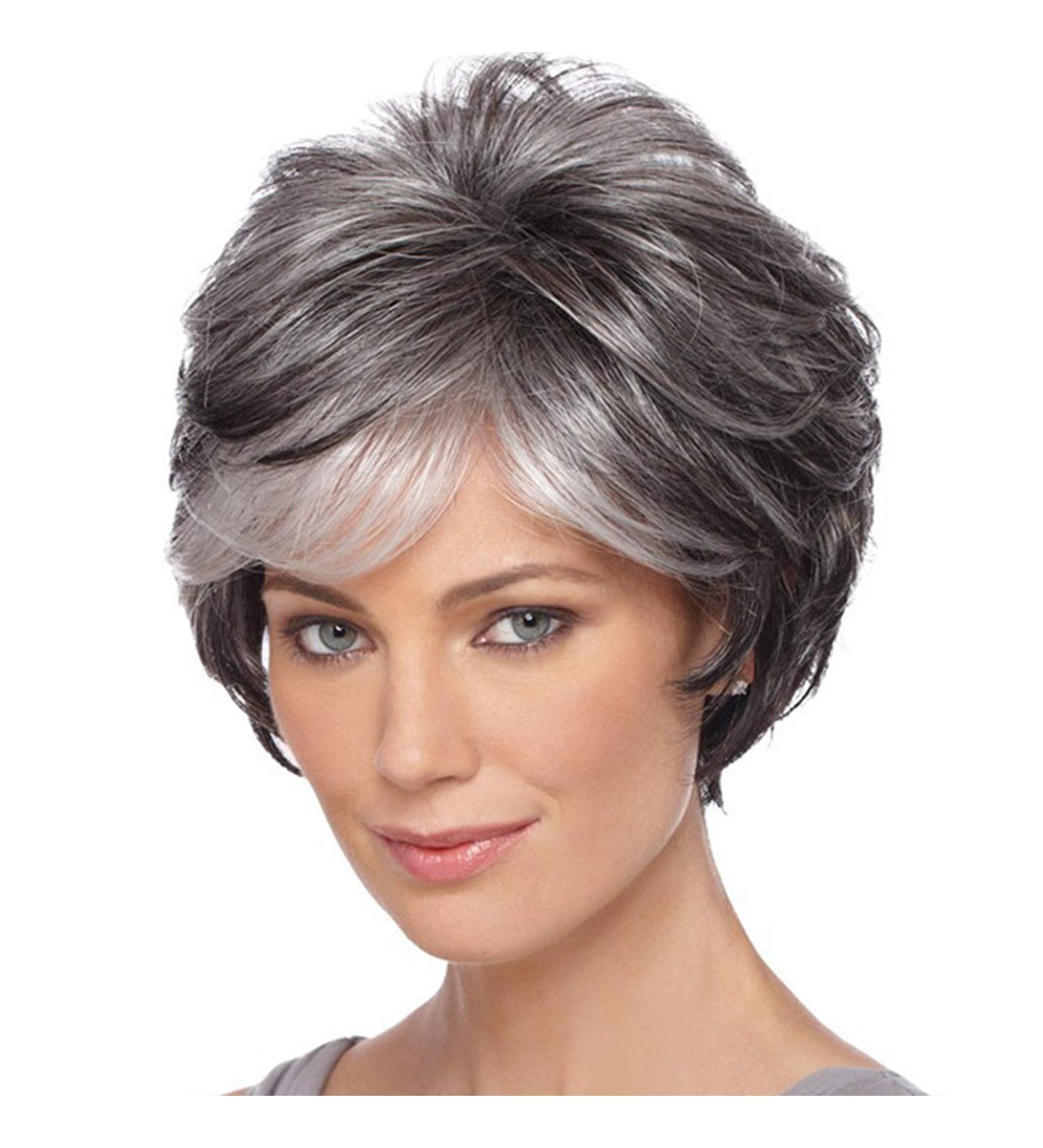 RENERSHOW Short Grey Pixie Cut Wig for Women | Layered Synthetic Hair Mixed Gray with White Bangs | Natural Wavy Old Lady Wig - Buy Online on GoSupps.com