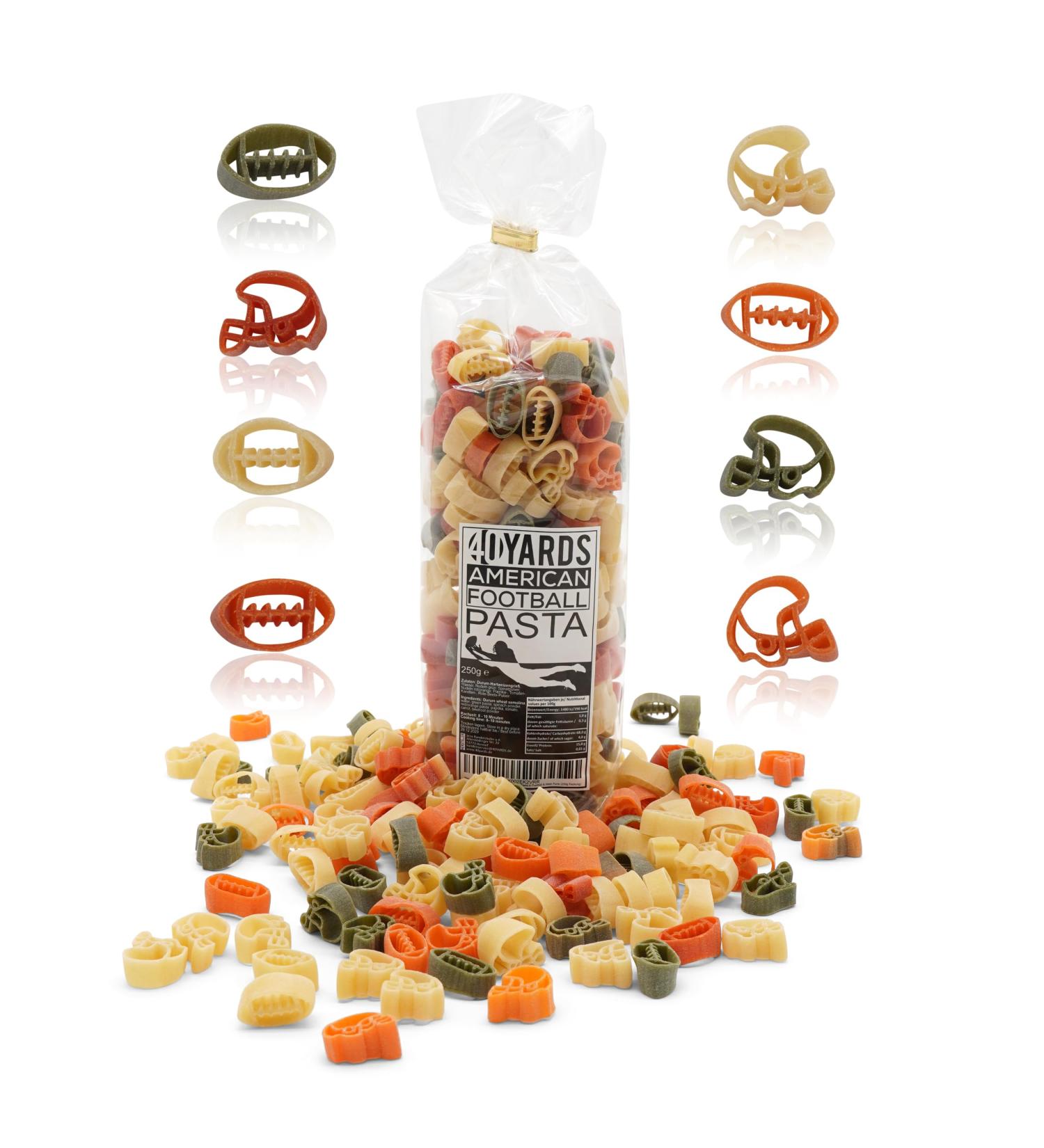  40YARDS 40YARDS American Football Noodles - Helmet and football-shaped pasta - Handmade in a German factory - 250g pack - Colorful durum wheat semolina noodles - 100 - Buy Online on GoSupps.com