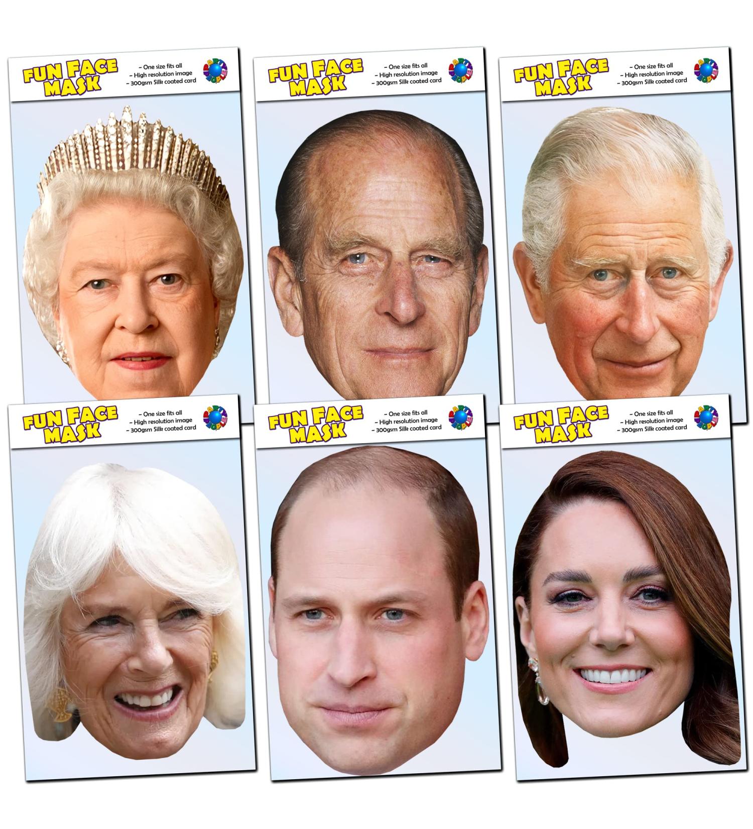 SIX Pack - Queen Philip Charles Camilla William Kate - Royal Family Coronation Face Mask - Ready to Wear - Six Pack A 6 Pack - Queen philip charles camilla william kate