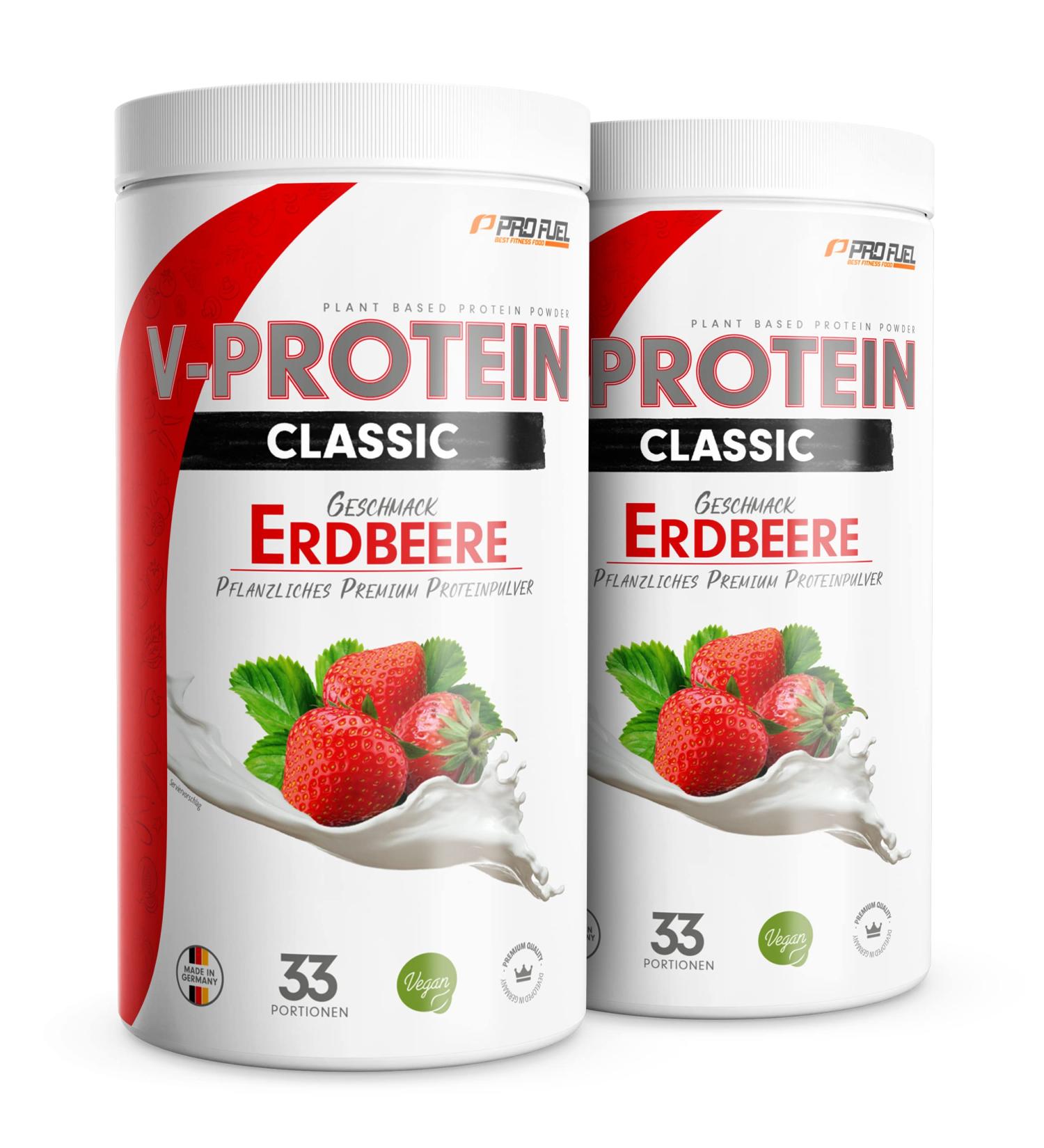 Vegan Protein Powder Strawberry 2x1kg - High Protein Pea Base Soy & Wheat Free Optimal Nutritional Value - 73.1% Protein Content | V-Protein - Buy Online on GoSupps.com