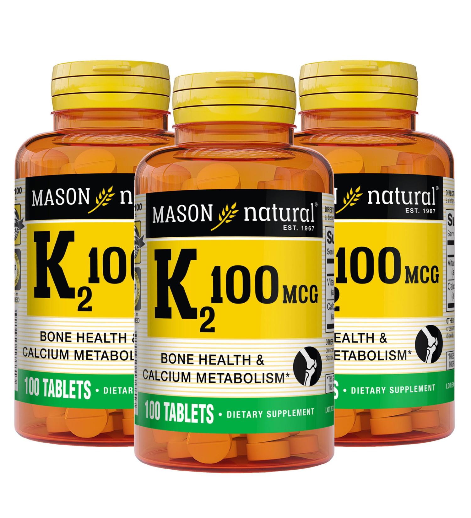 MASON NATURAL Vitamin K2 100 mcg with Calcium Supports Bone Heart & Muscle Health 100 Tablets Pack of 3 - Buy Online on GoSupps.com