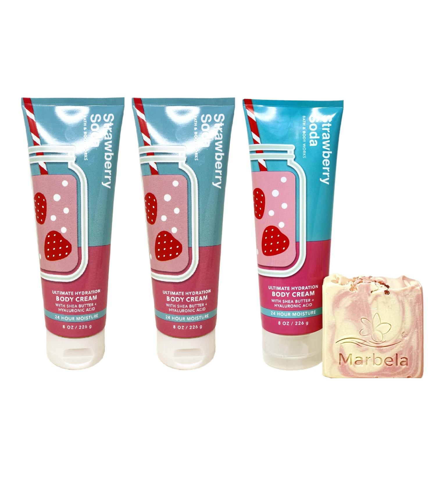 Bath & Body Works Strawberry Soda 3 Pack Ultimate Hydration Body Cream Bundle with a Himalayan Salts Springs Bar Soap - Full Size