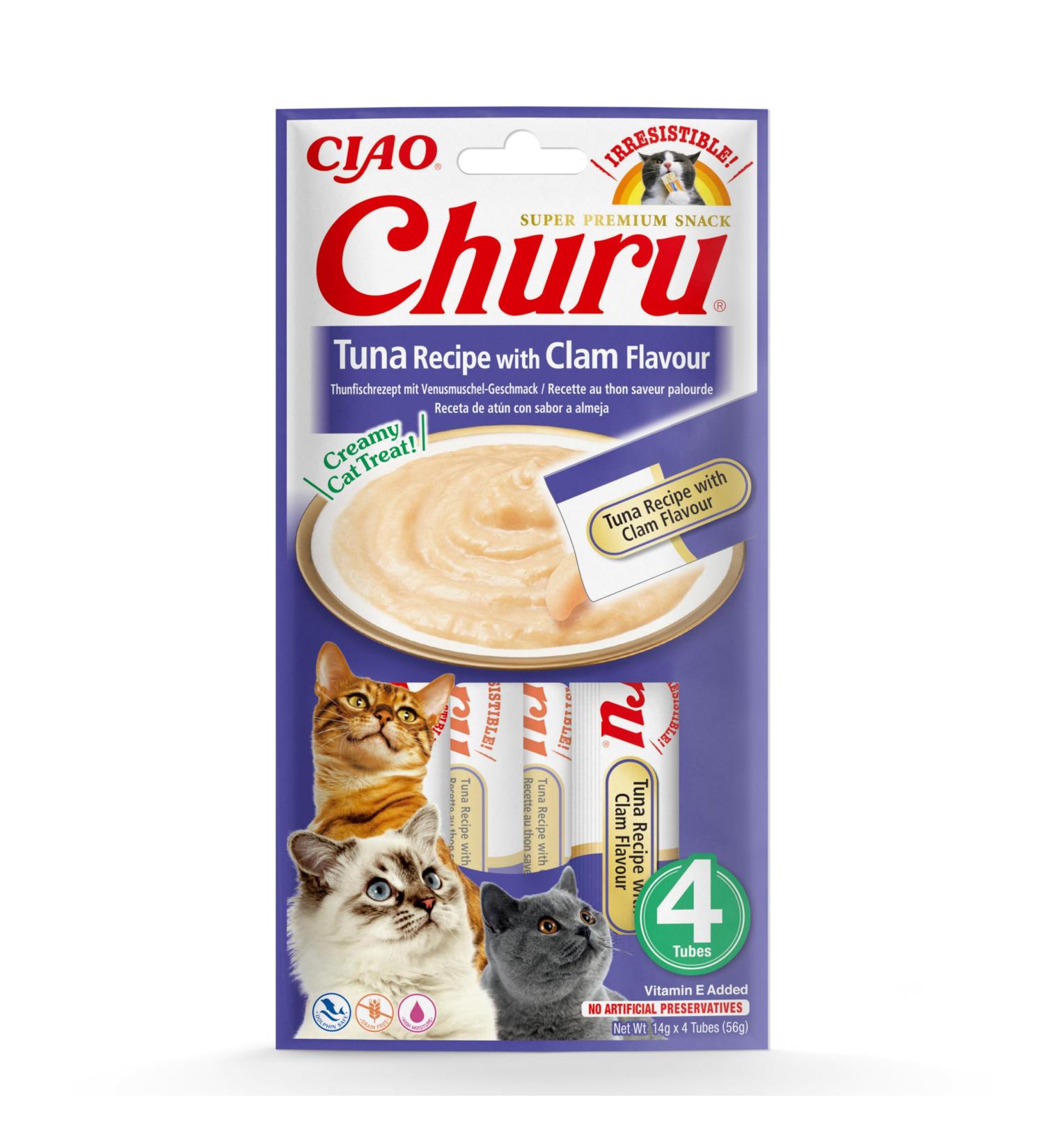 Inaba Churu Puree Cat Snacks - Tuna & Venus Mussel Hand Feeding Sticks - 4 Sticks x 14g - Premium Cat Treats - Buy Online on GoSupps.com
