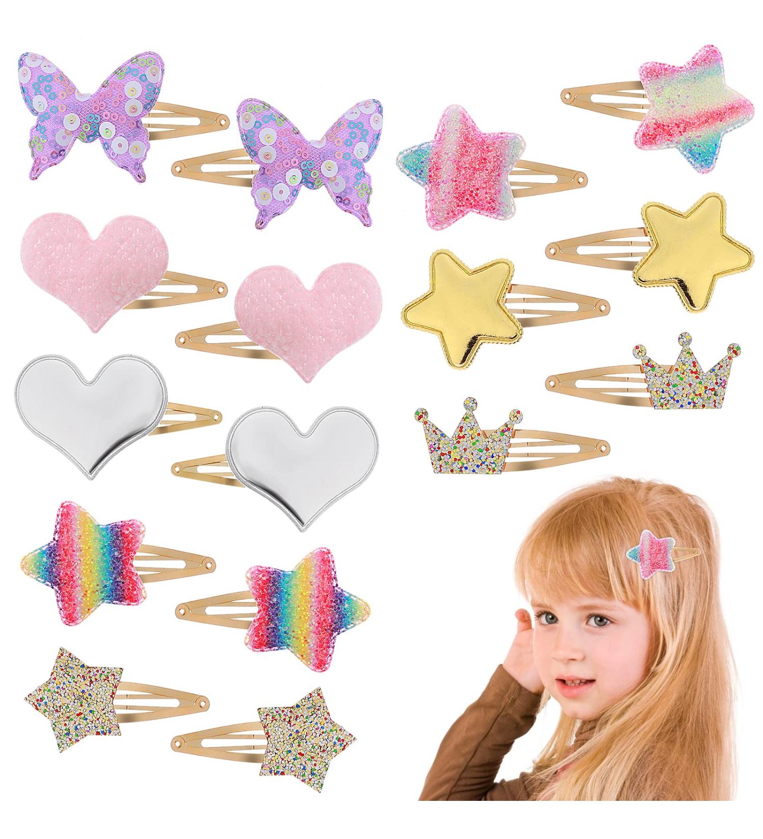 Lusofie 16Pcs Cute Snap Hair Clips for Girls - Sparkly Metal Clips in Star, Crown, Heart, and Butterfly Shapes - Sequins Hair Barrettes for Girls - Buy Online on GoSupps.com