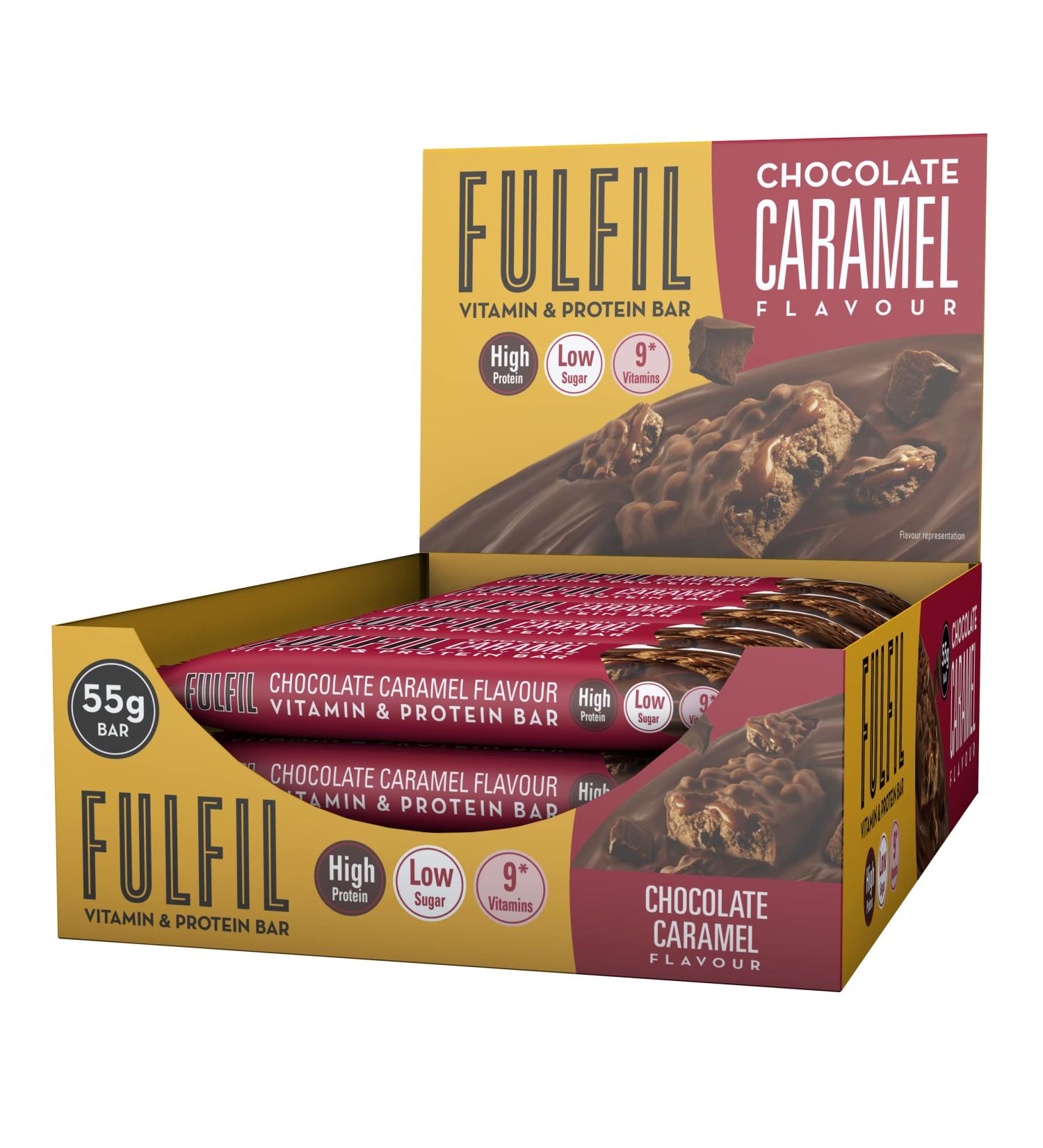 Fulfil Chocolate Caramel Protein Bar - 15 Bars, 20g Protein, 9 Vitamins, Low Sugar - 55g - Buy Online on GoSupps.com