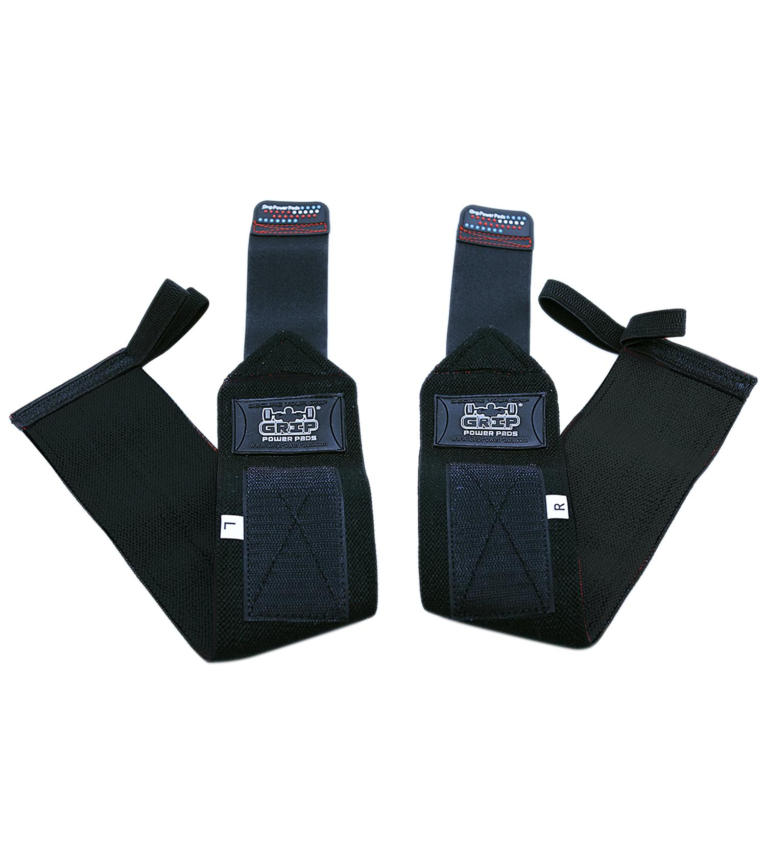 Grip Power Pads Wrist Wraps - Premium Quality Cotton Gym Bandage Straps for Weightlifting - Men & Women - PRO Rubber Jet Black - Buy Online on GoSupps.com