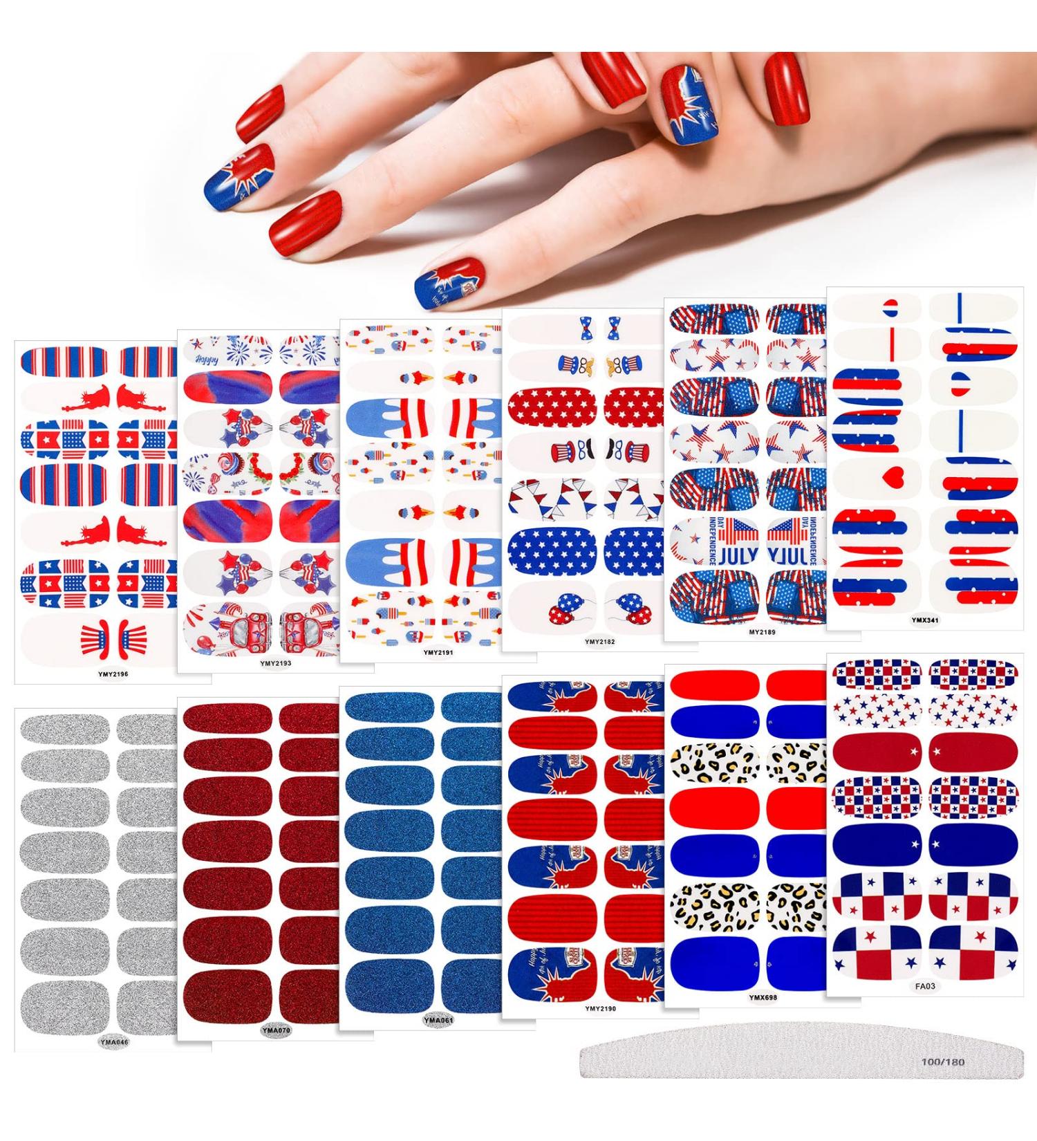 Patriotic American Flag Nail Wraps - 12 Sheets Independence Day Nail Strips with Nail Buffer File - Memorial Day Nail Stickers - Vivid Design - Buy Online on GoSupps.com