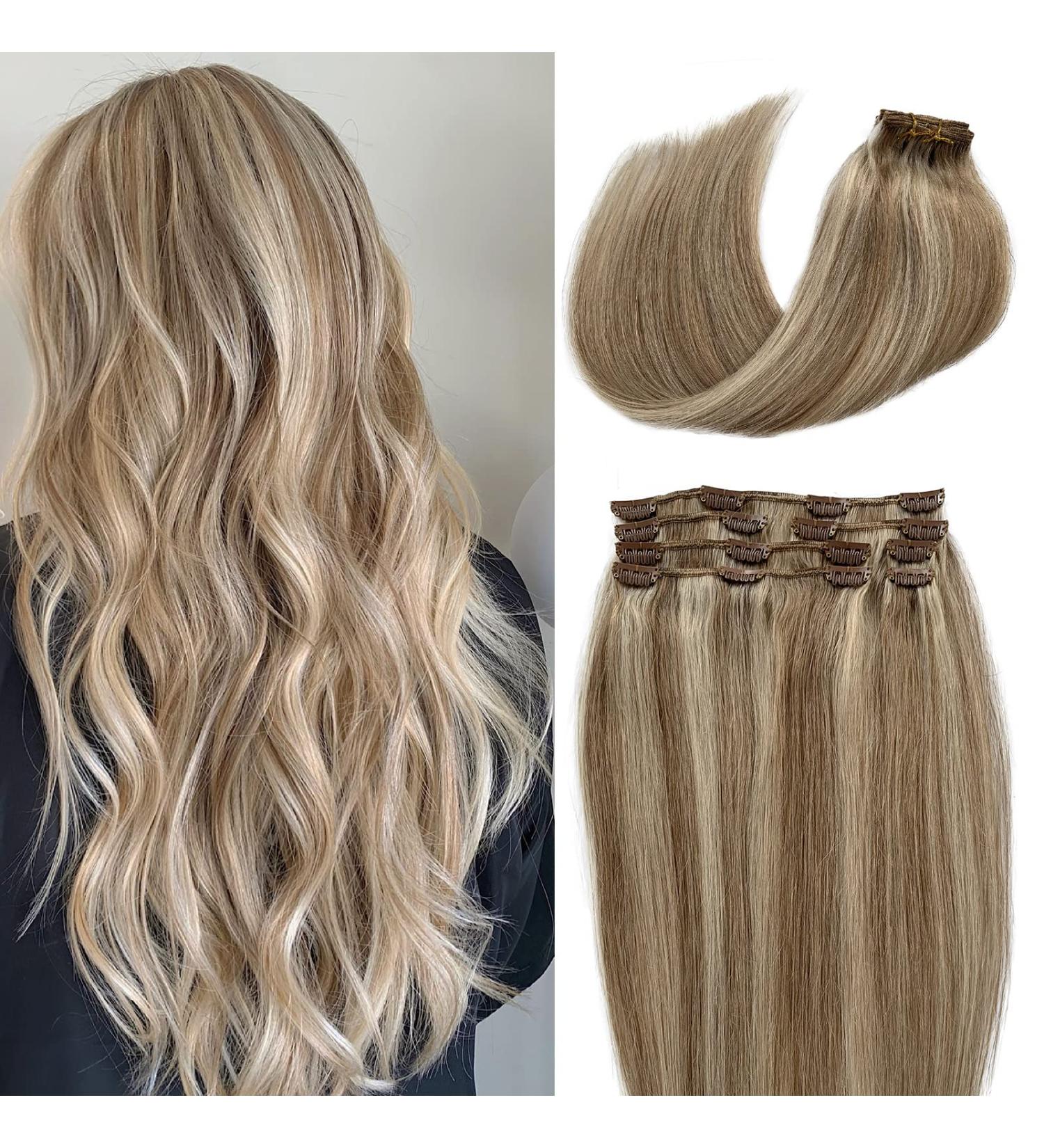 20 Inch Real Human Hair Extensions - Platinum Blonde Highlights Clip-In 70g, 7pcs - Remy Ash Brown #8P60 - Buy Online on GoSupps.com