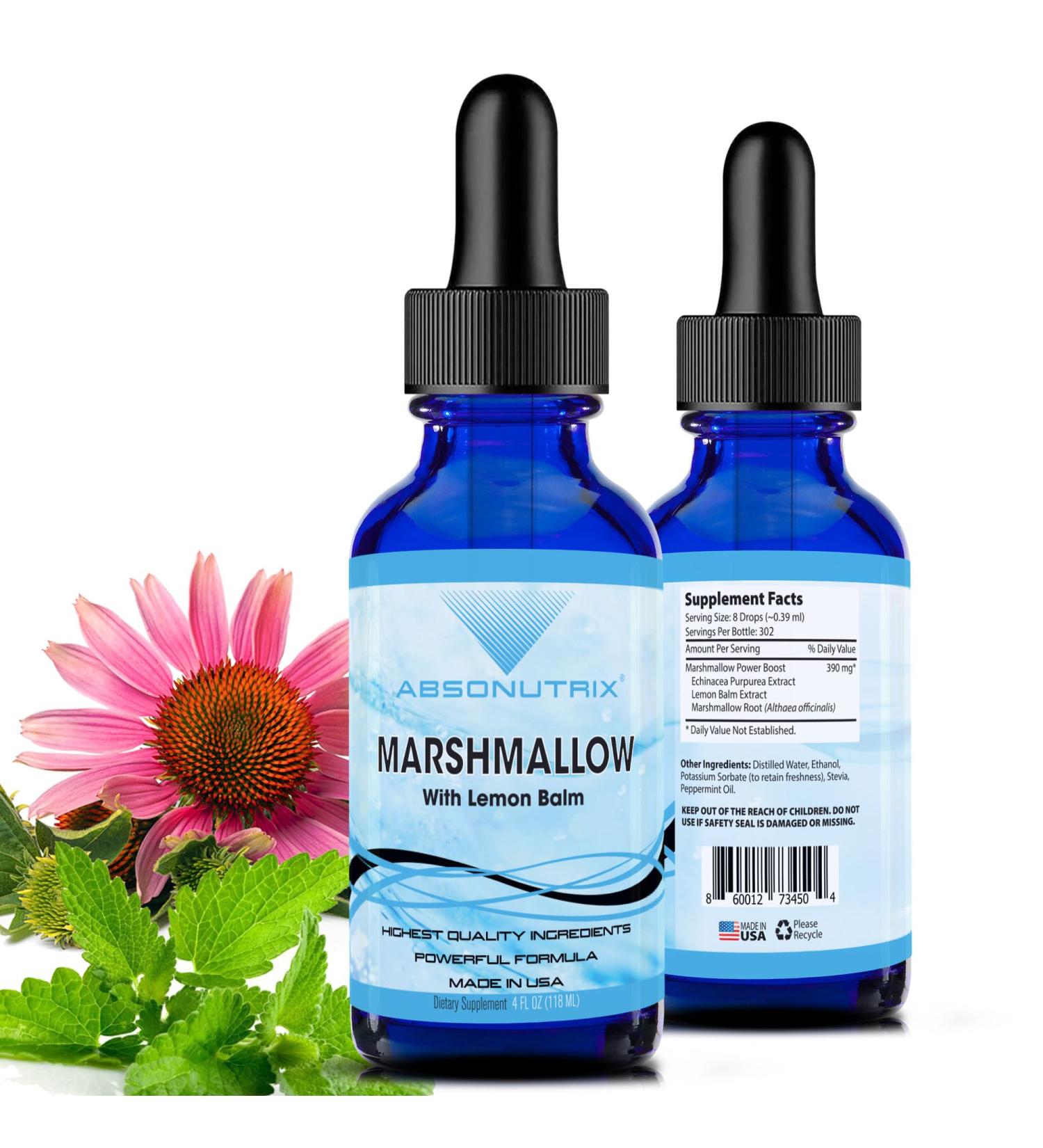 Absonutrix Marshmallow with Lemon Balm 390 mg 4 Oz Liquid 302 Servings Made in USA Quick Absorption Quality Potent Ingredients Non-GMO GMP Certified Marshmallow Liquid Extract - Buy Online on GoSupps.com