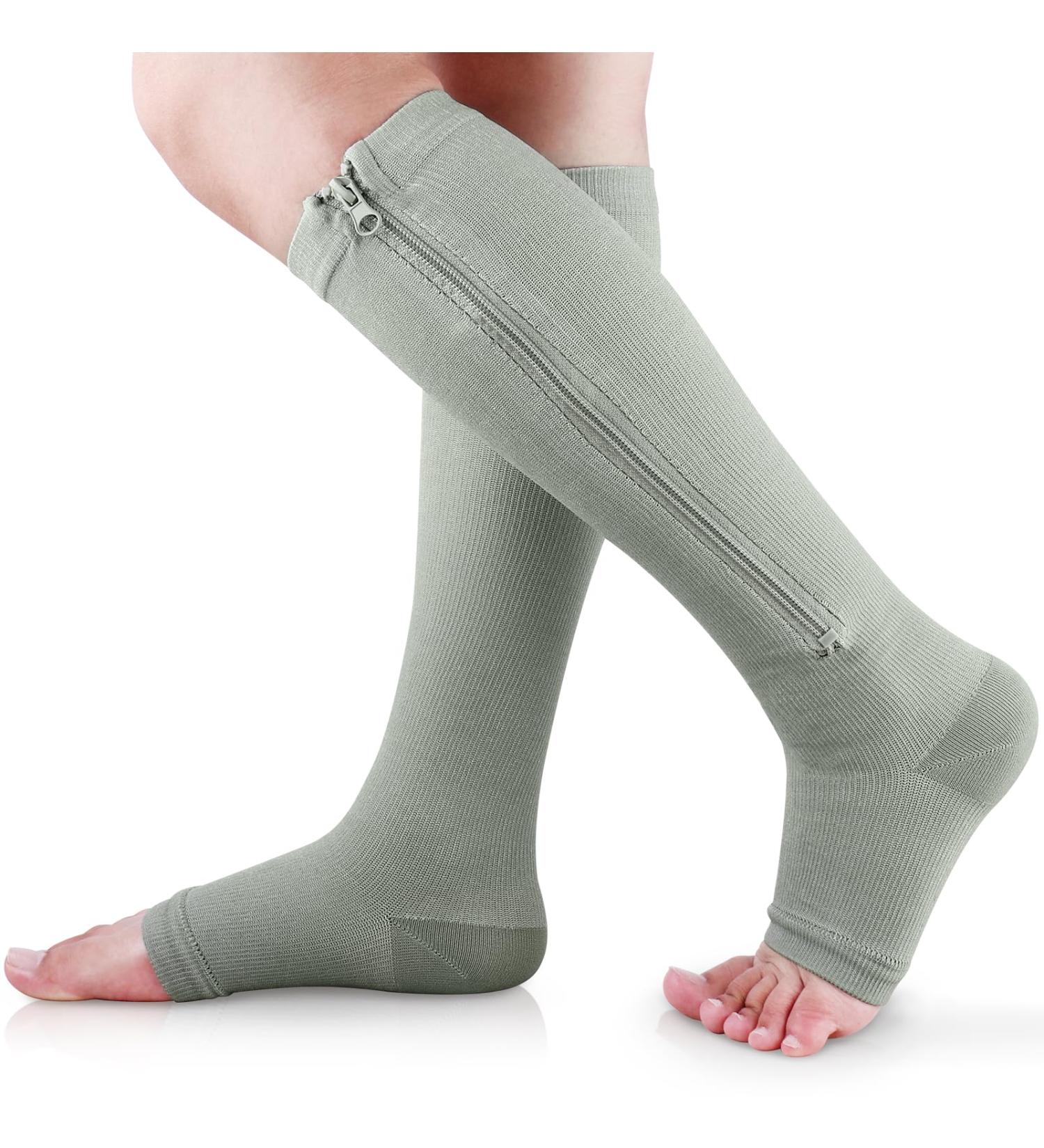 Ailaka Zipper Compression Socks 15-20 mmHg for Women Men - Knee High Open Toe Support - XXL Pure Grey - 1 Pair - Buy Online on GoSupps.com