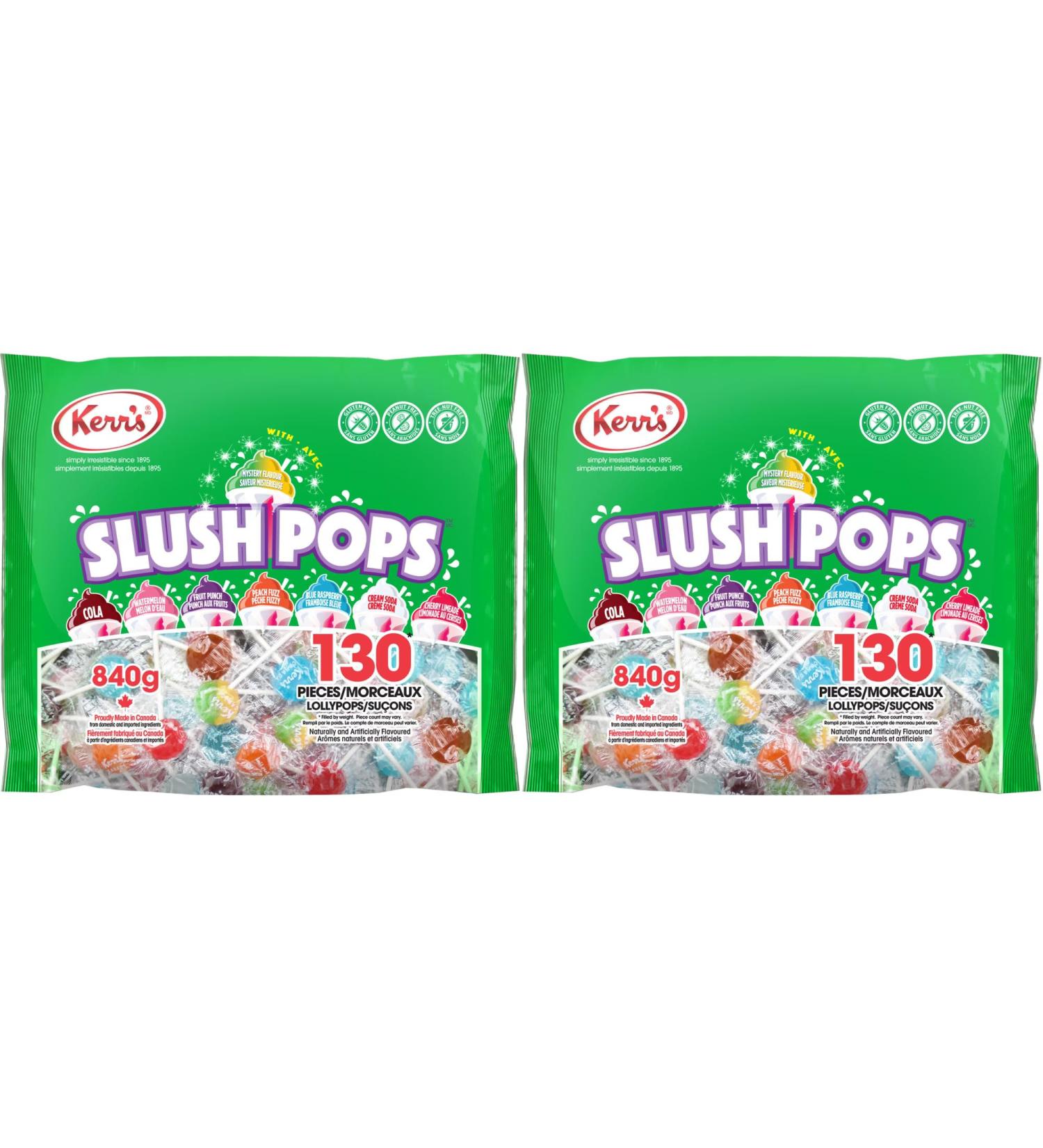 Value Bundle: Kerr's Slush Pops 7 Flavours - 130 Count 840 Grams - Suckers - Lollipops Bulk - Lollipops for Kids - Candy Bulk - Bonbon - Individually Wrapped Candy - Candy Bags - Pack of 2