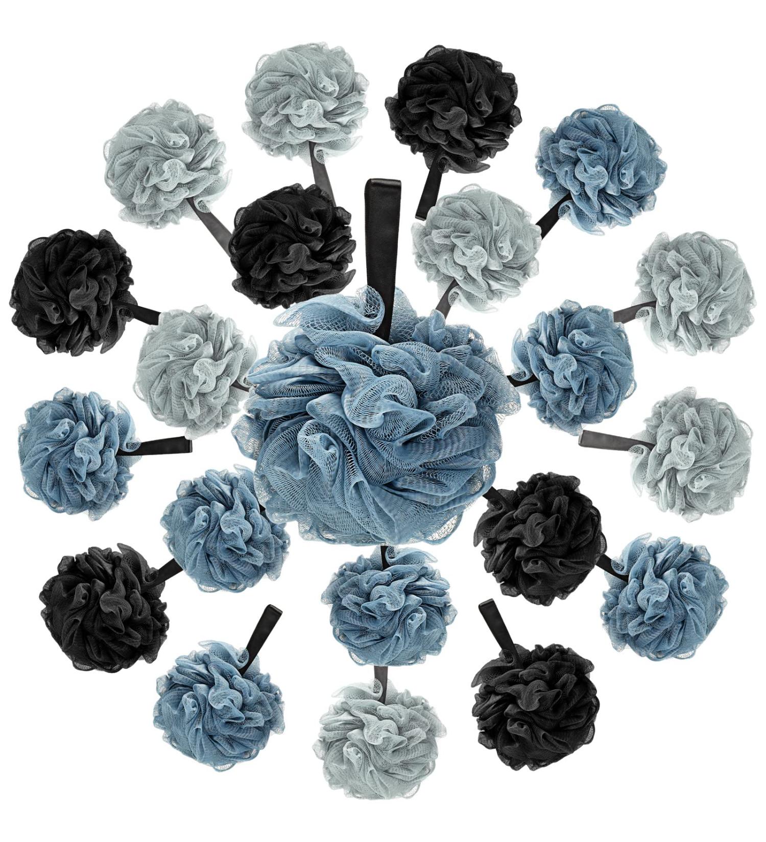 Pack of 20 Exfoliating Shower Loofah Sponges for Men and Women - Black, Blue, and Light Blue - Buy Online on GoSupps.com