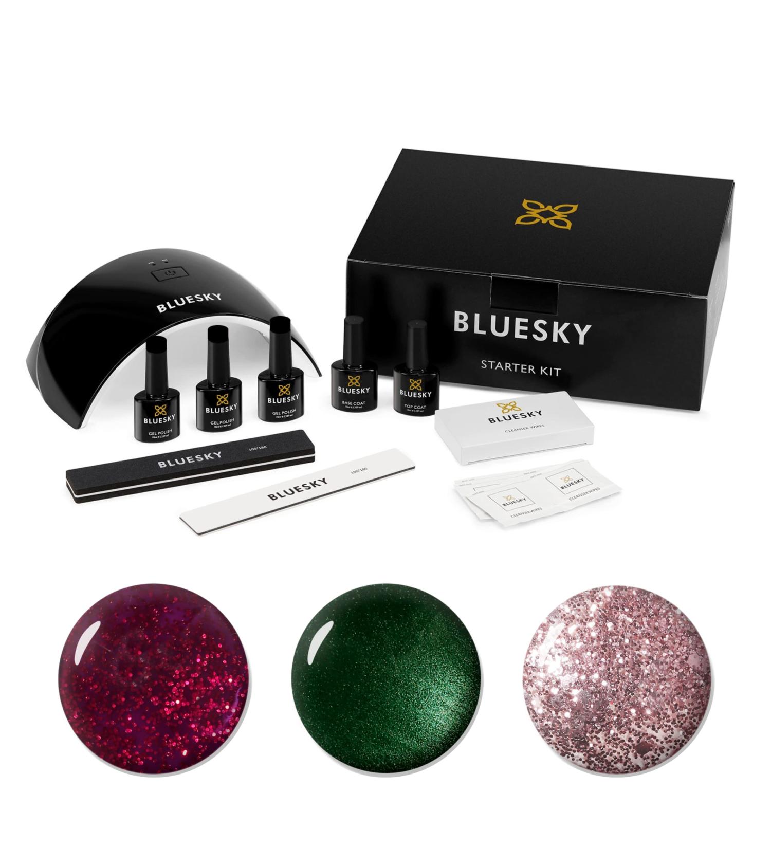BLUESKY Gel Nail Polish Starter Kit with UV LED Lamp - Glitters Gel Set with 3 x 10ml Polishes, Top & Base Coat, Nail File and Buffer - Buy Online on GoSupps.com