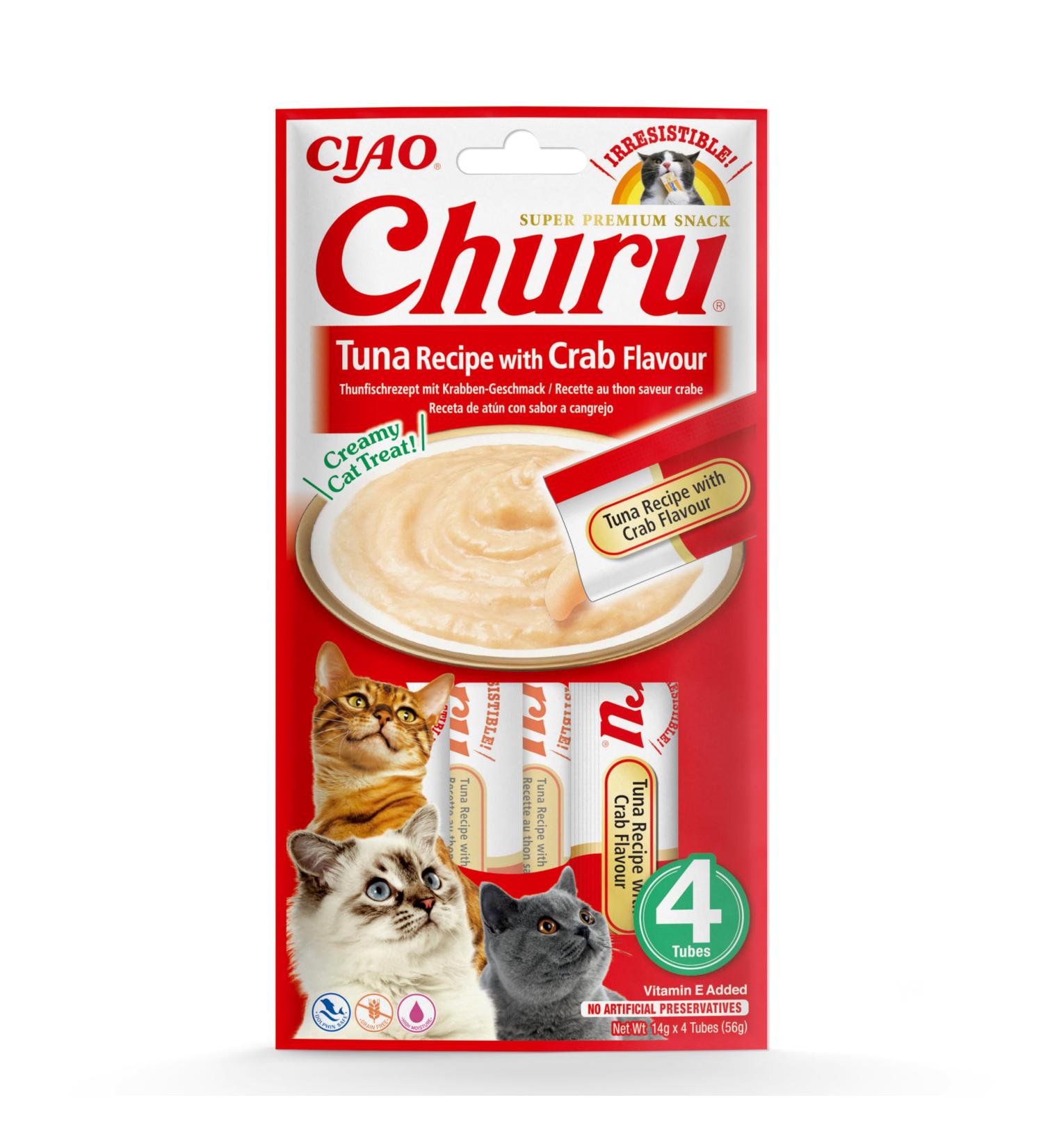 Inaba Churu Puree Cat Snacks - Hand-Feeding Tuna & Crab Sticks - 4 x 14g Pack - Buy Online on GoSupps.com