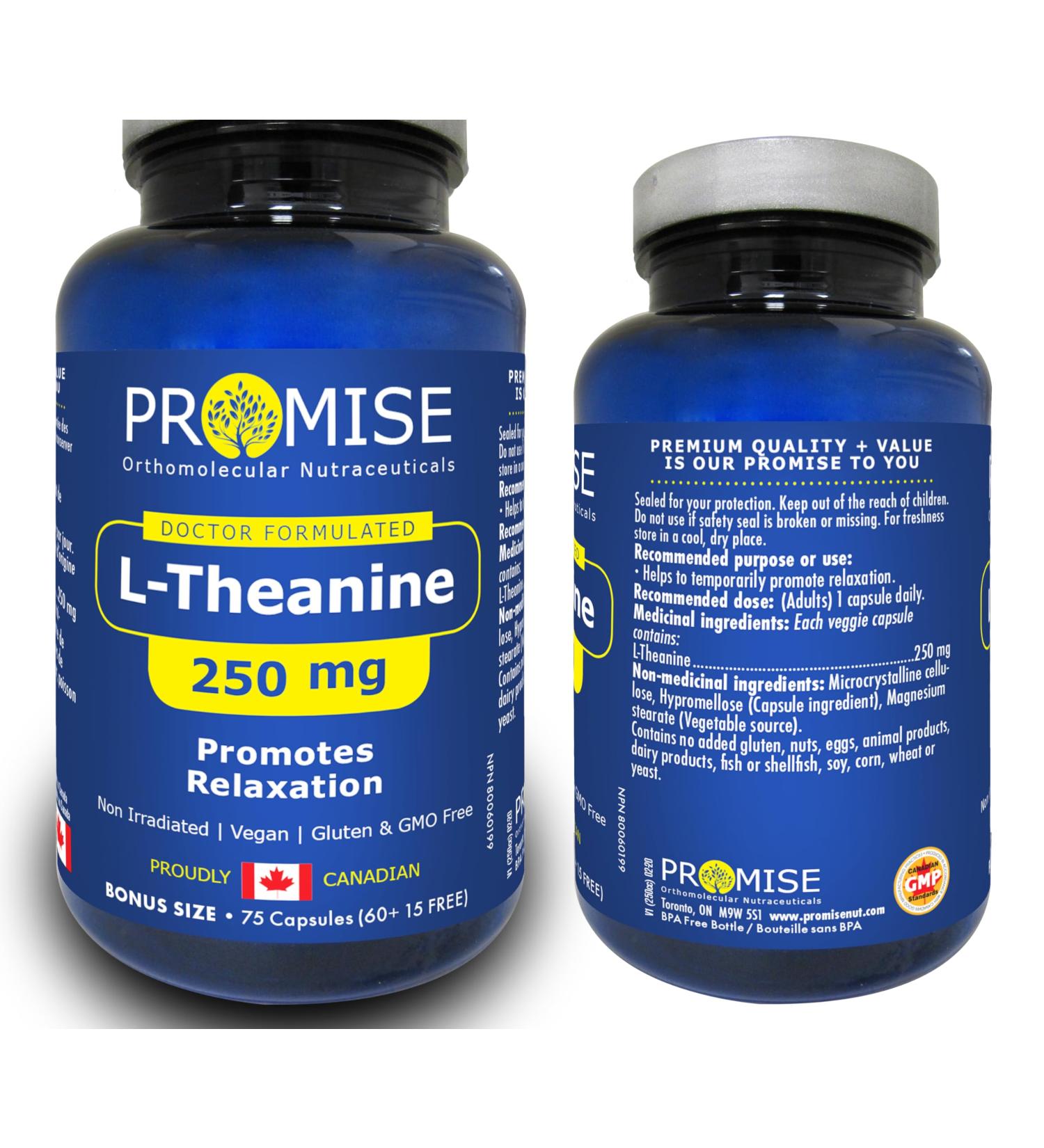  75vcaps L-Theanine 250mg Extra Strength. Promotes Relaxation Nervous System Calmness Made In Canada - Buy Online on GoSupps.com