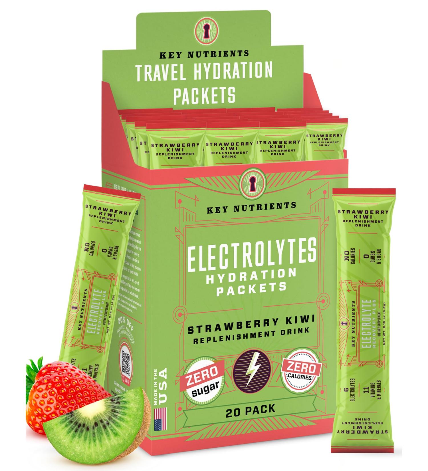 KEY NUTRIENTS Electrolytes Powder Packets - Juicy Strawberry Kiwi Flavor No Sugar 20-Pack Hydration Solutions for Optimal Wellness - Buy Online on GoSupps.com
